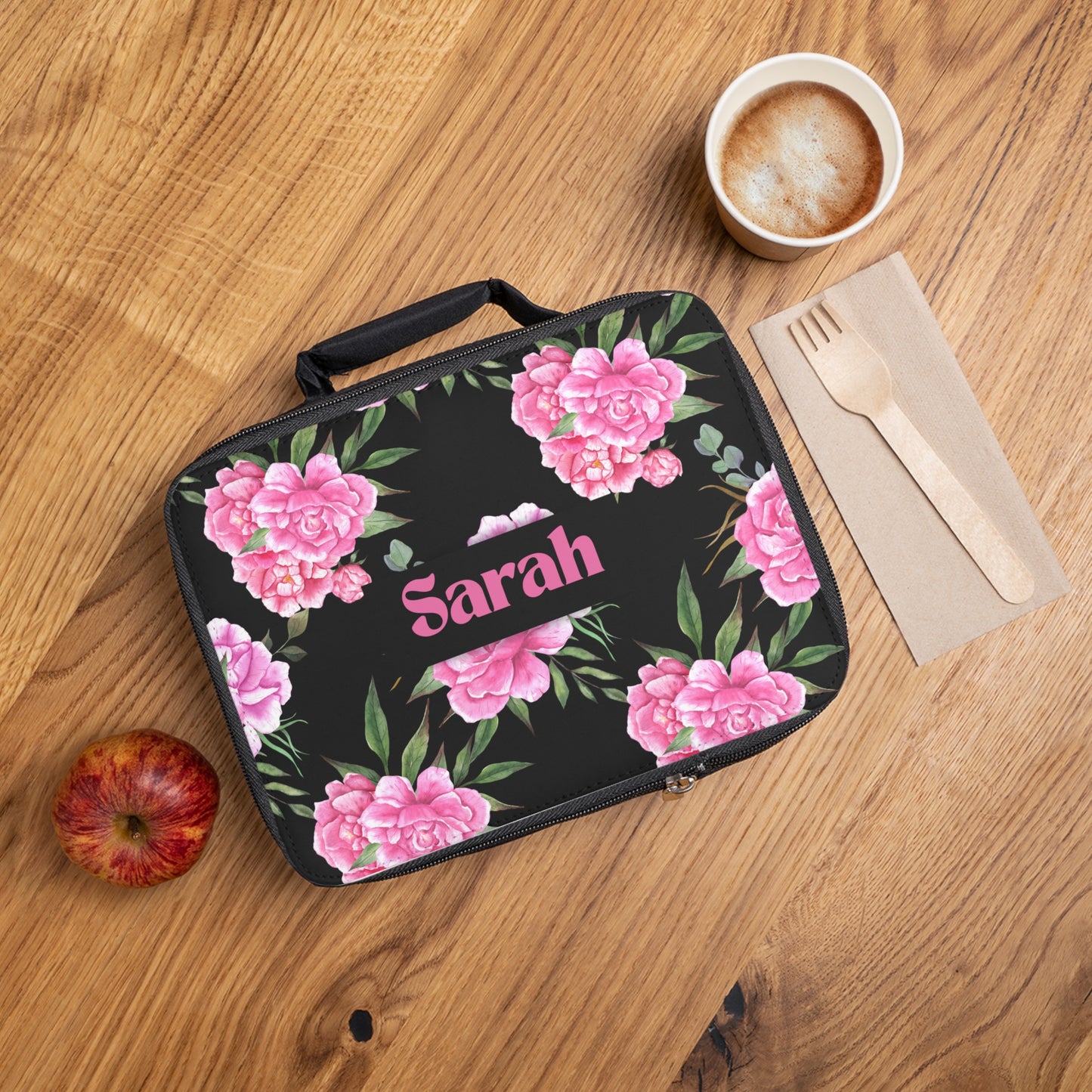 Personalized Black and Pink Floral Lunch Bag | Chic Insulated Cooler | Gift for Her | Back to School | Mother’s Day | Women’s Tote