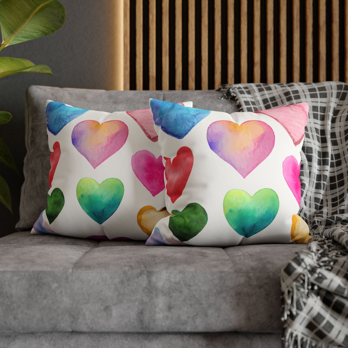 Valentines Decor Faux Suede Pillowcase, Colorful Hearts, Pastel Hearts, Square Pillow, Home Decor, Gift for Her, Valentines Day Decor