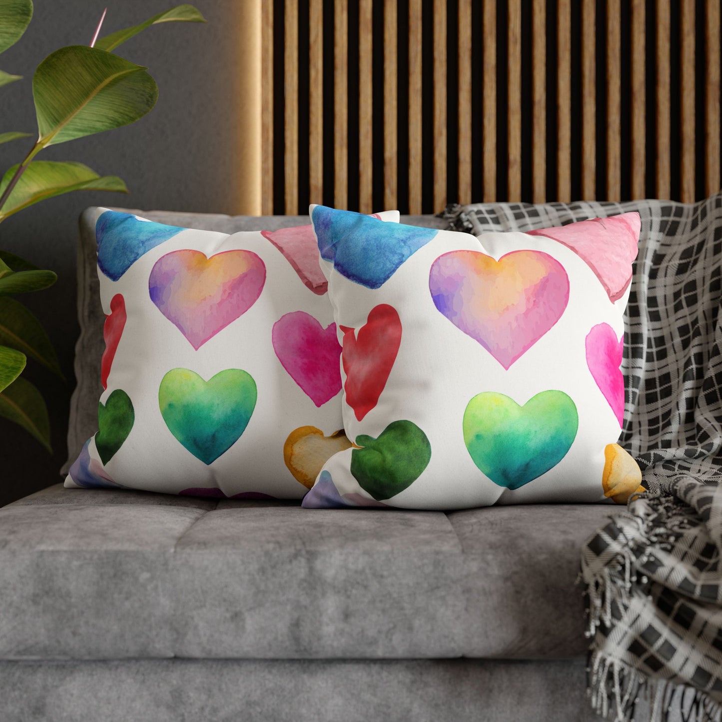Valentines Decor Faux Suede Pillowcase, Colorful Hearts, Pastel Hearts, Square Pillow, Home Decor, Gift for Her, Valentines Day Decor