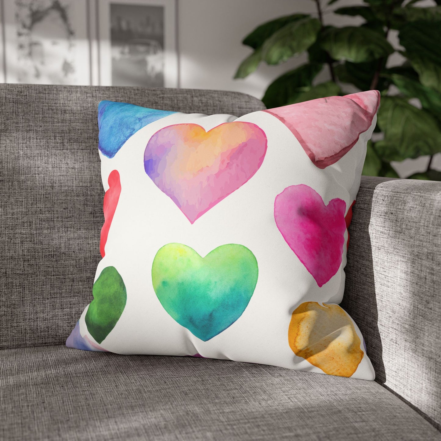 Valentines Decor Faux Suede Pillowcase, Colorful Hearts, Pastel Hearts, Square Pillow, Home Decor, Gift for Her, Valentines Day Decor