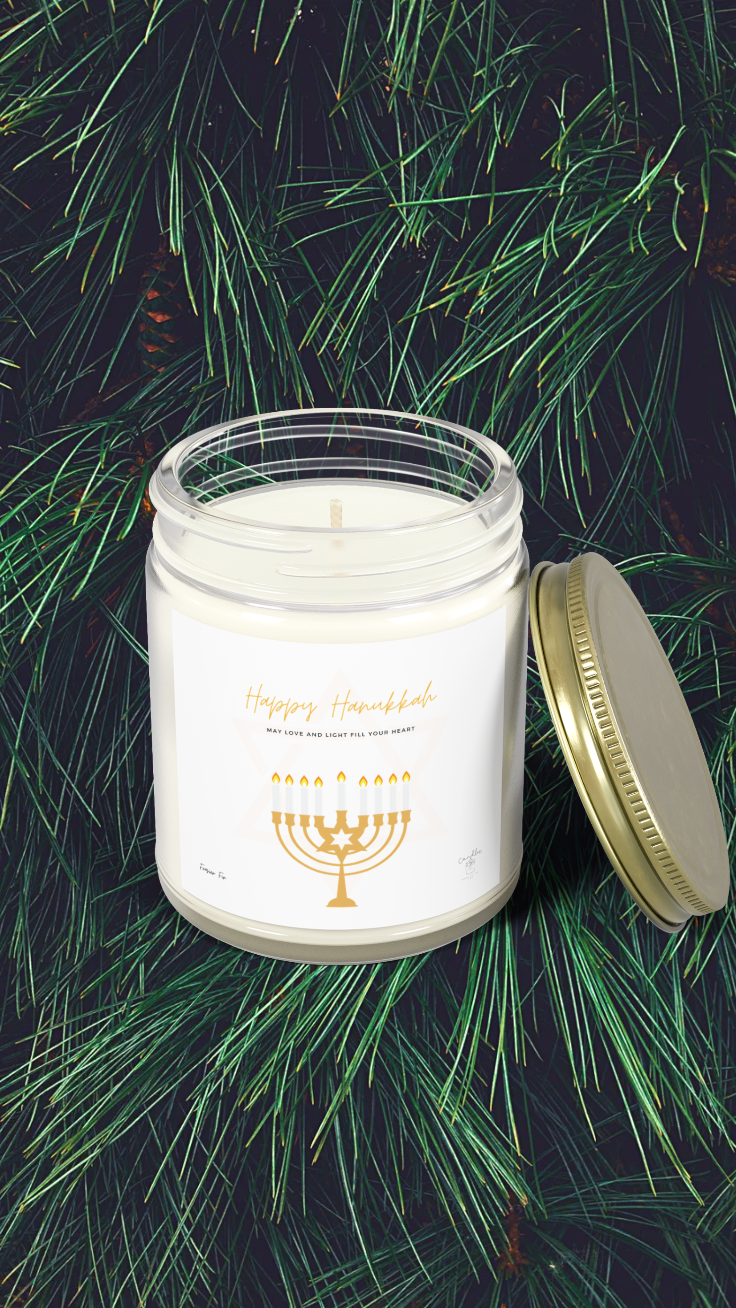 Frasier Fir Hanukkah Candle, Frasier Fir Scented Hanukkah Candle made of Coconut Apricot Wax (4oz, 9oz)