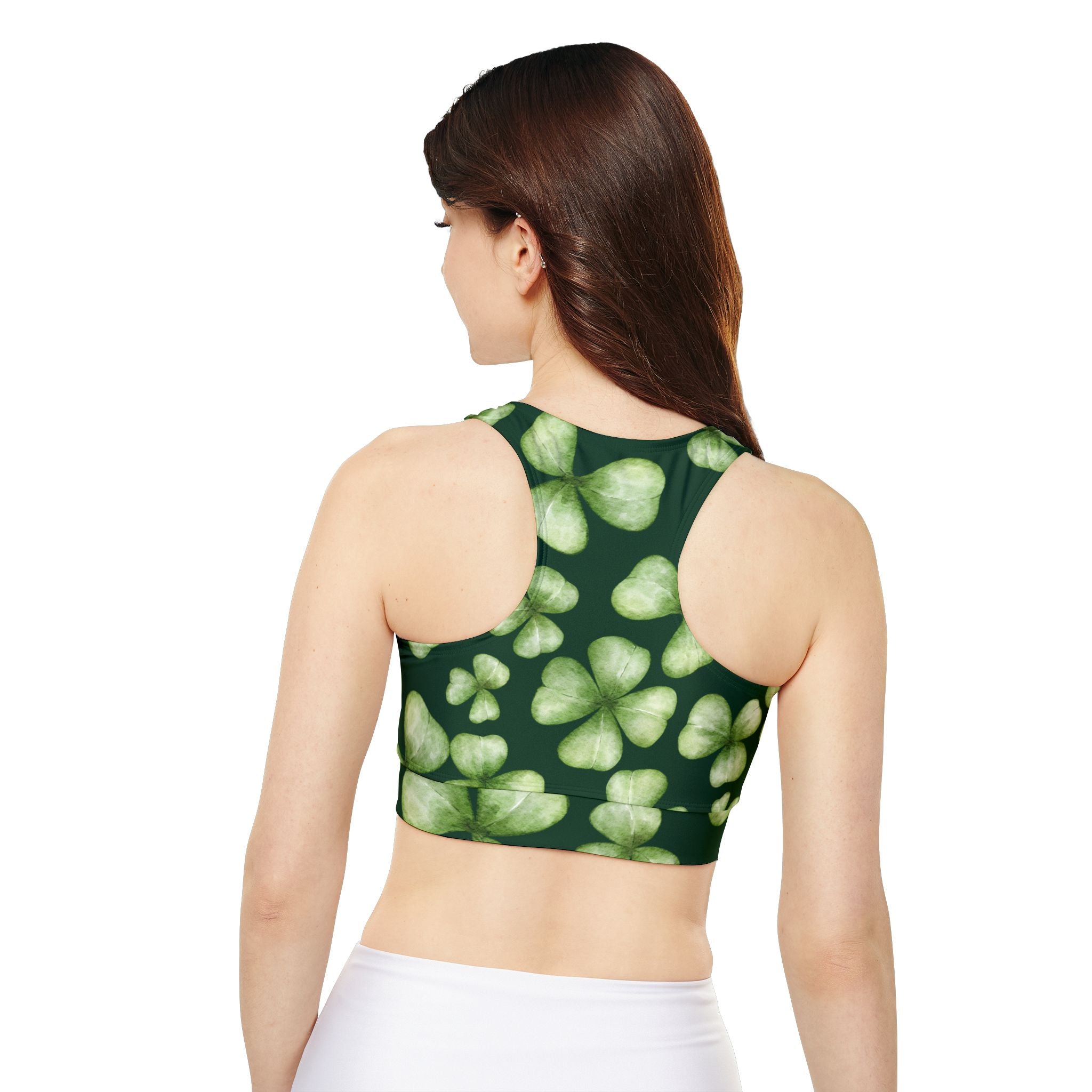 St. Patrick's Day Sports Bra Fully Lined, Padded Sports Bra Shamrock Print Fitness Top
