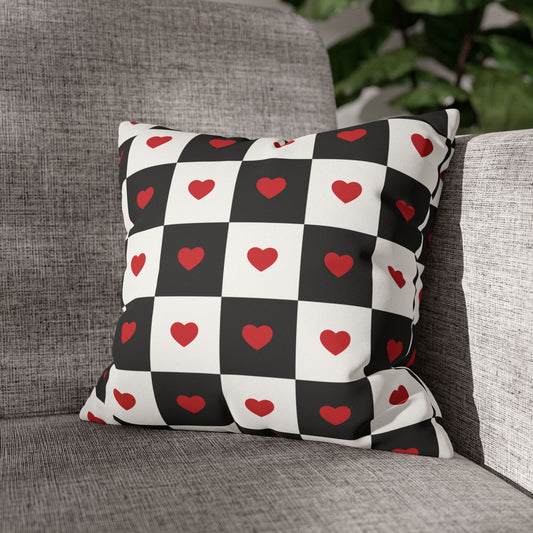 Valentines Pillowcase, Heart Pillow Cover, Checkered Decor, Faux Suede Cushion, Valentine's Day Gift, Square Throw Pillow, Love Home Decor