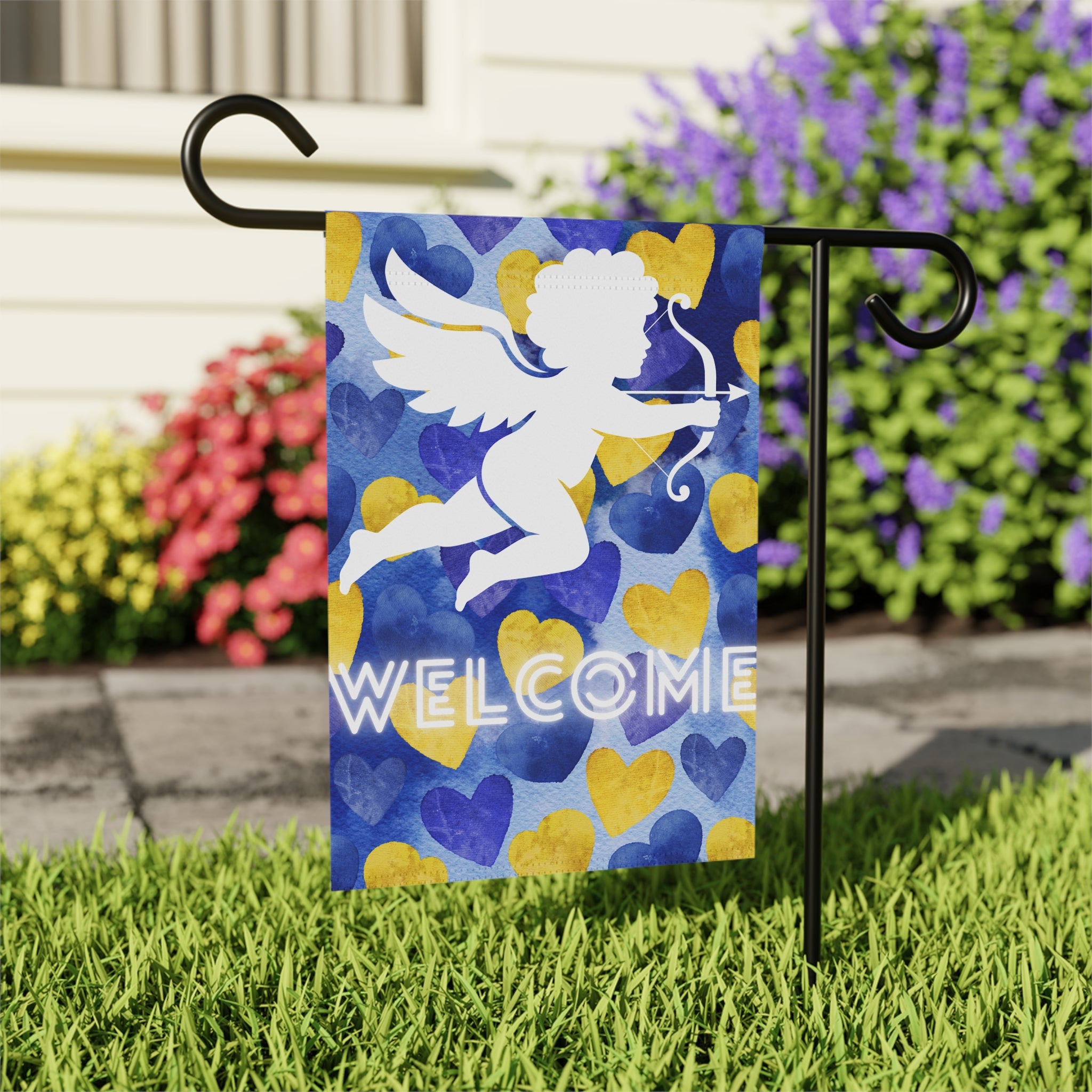 Cupid Valentine's Day Garden Flag Valentine's Day Welcome Flag Blue and Yellow Hearts