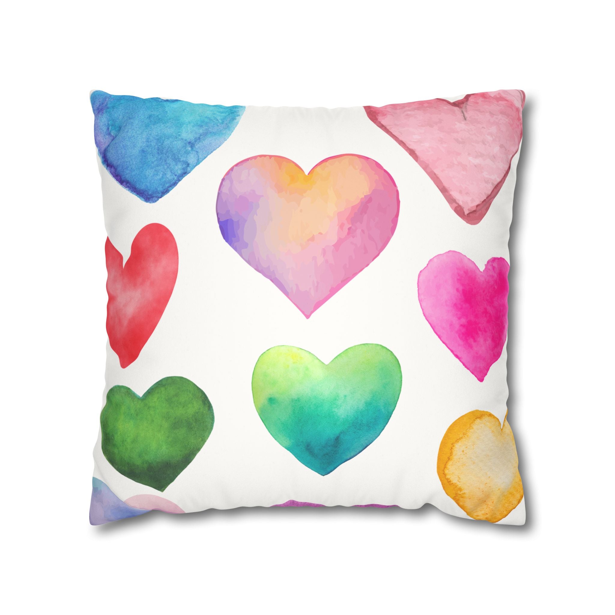 Valentines Decor Faux Suede Pillowcase, Colorful Hearts, Pastel Hearts, Square Pillow, Home Decor, Gift for Her, Valentines Day Decor