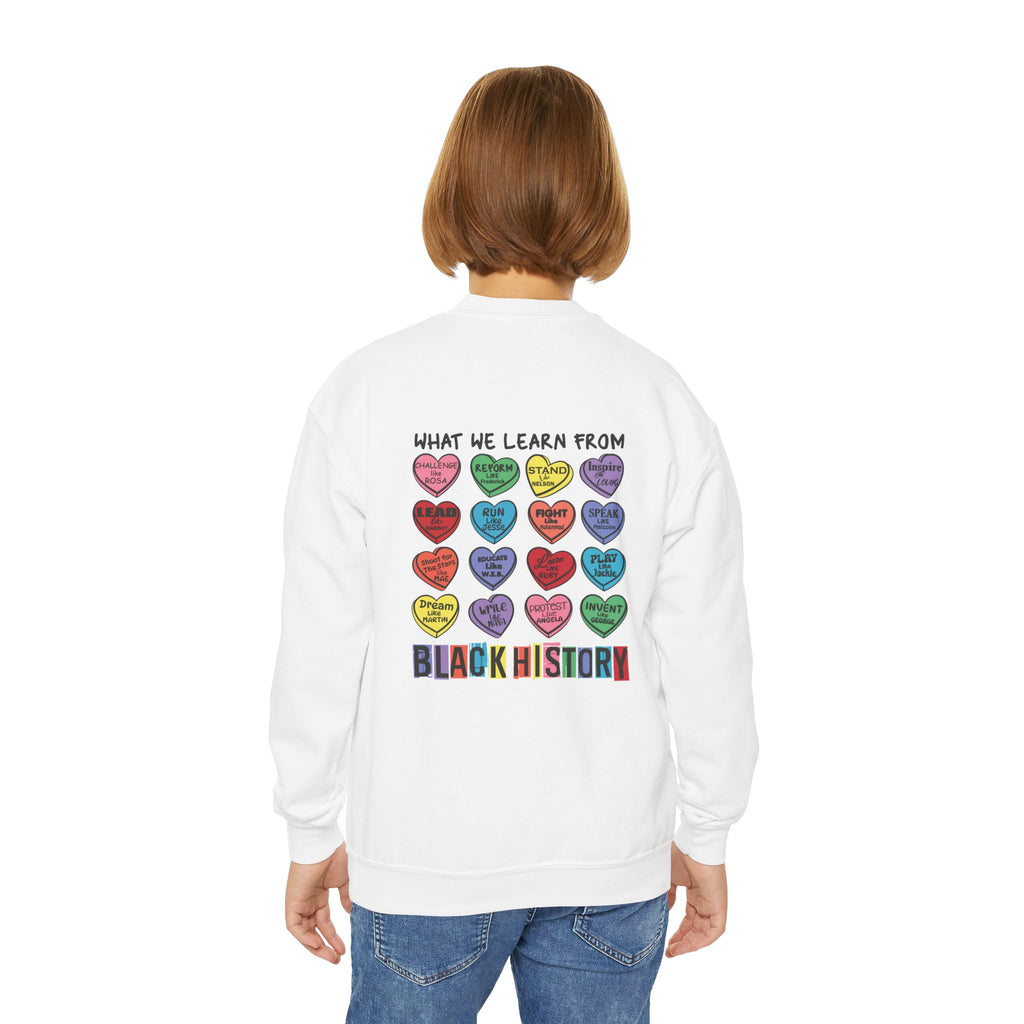 Black History What We Learn from Black History Candy Hearts Youth Crewneck Sweatshirt Polyester Loose Fit Black History Month