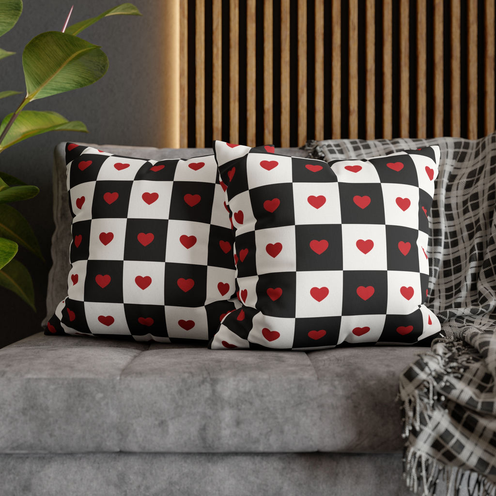 Valentines Pillowcase, Heart Pillow Cover, Checkered Decor, Faux Suede Cushion, Valentine's Day Gift, Square Throw Pillow, Love Home Decor