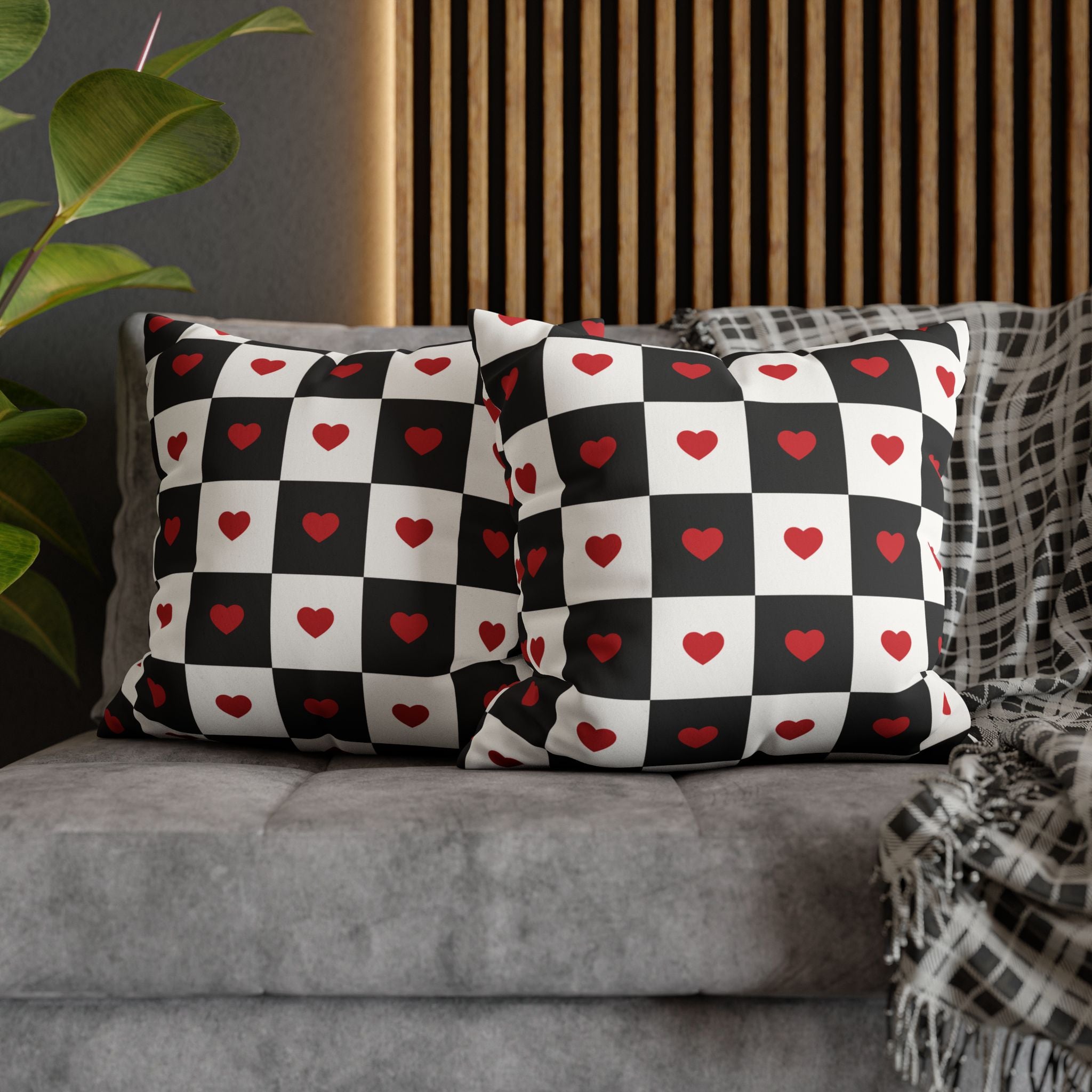 Valentines Pillowcase, Heart Pillow Cover, Checkered Decor, Faux Suede Cushion, Valentine's Day Gift, Square Throw Pillow, Love Home Decor