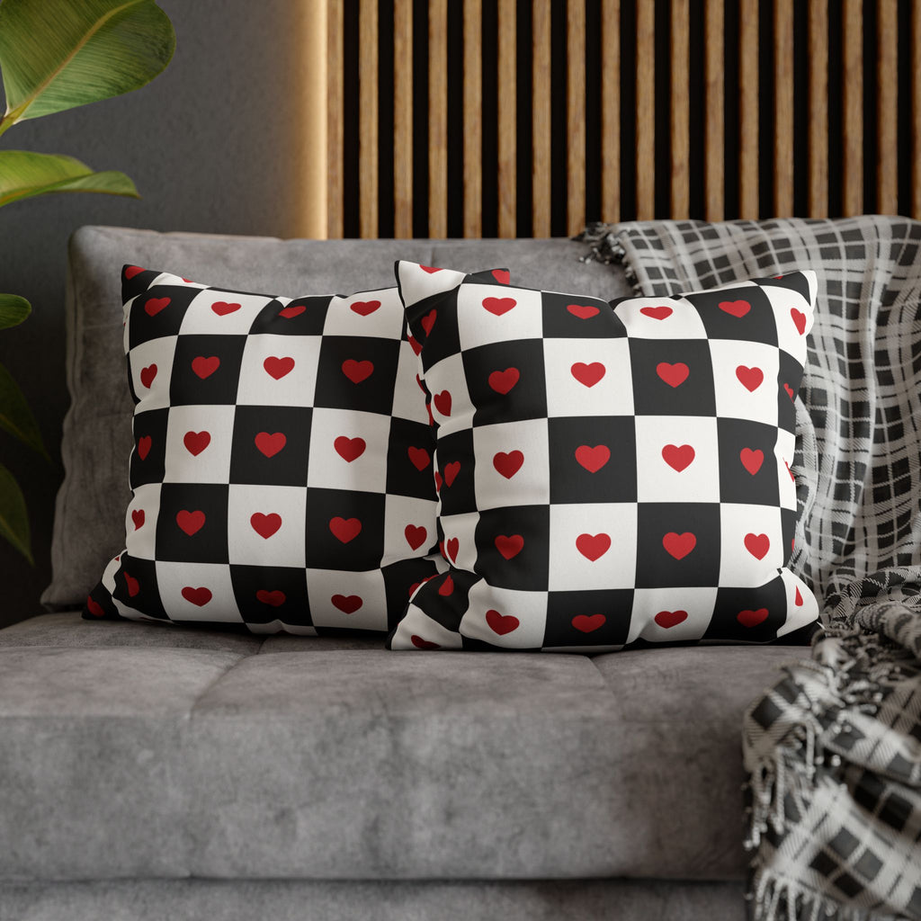 Valentines Pillowcase, Heart Pillow Cover, Checkered Decor, Faux Suede Cushion, Valentine's Day Gift, Square Throw Pillow, Love Home Decor