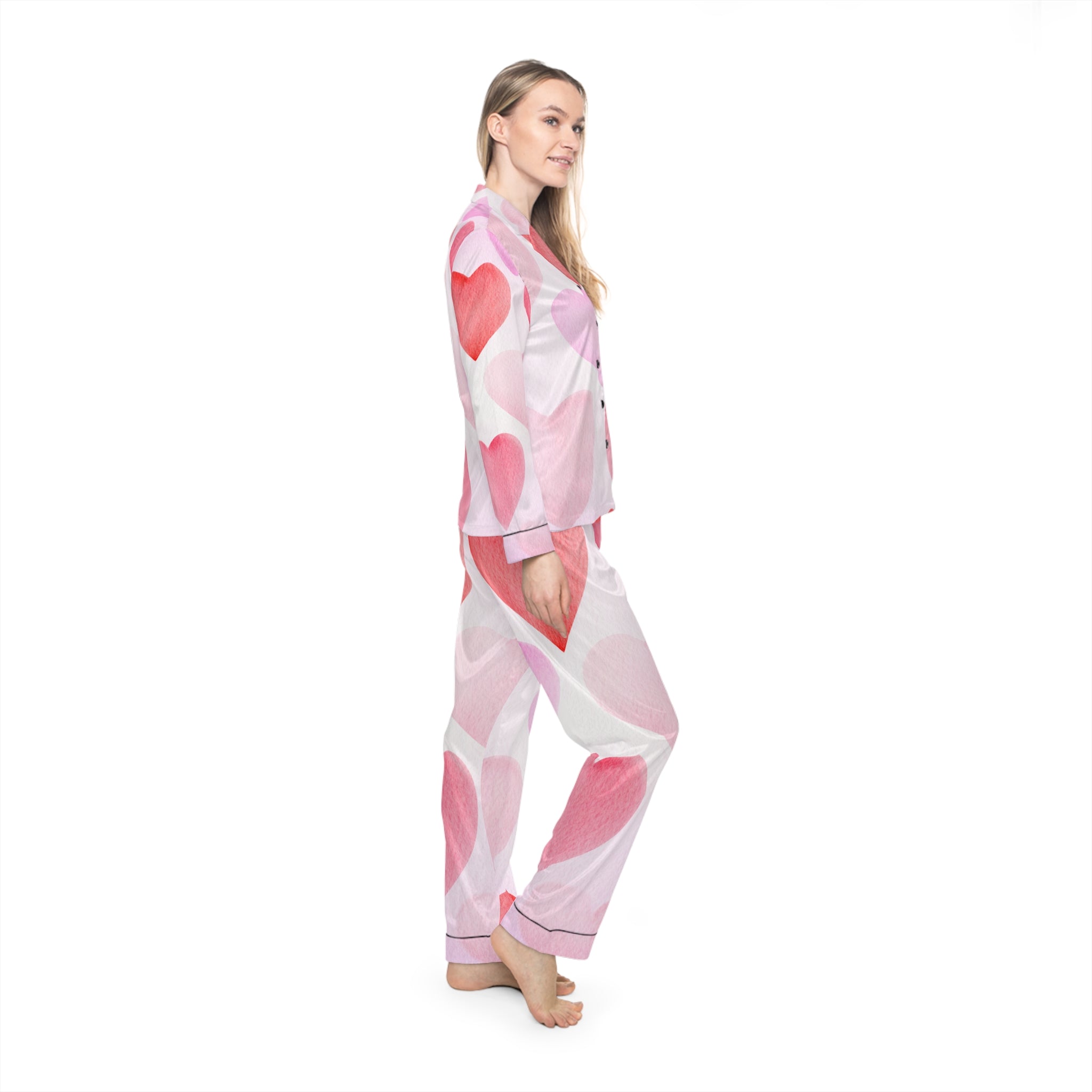 Women's Satin Heart Print Pajamas Valentine's Pajama Set Valentines Satin Pajama Set Ladies