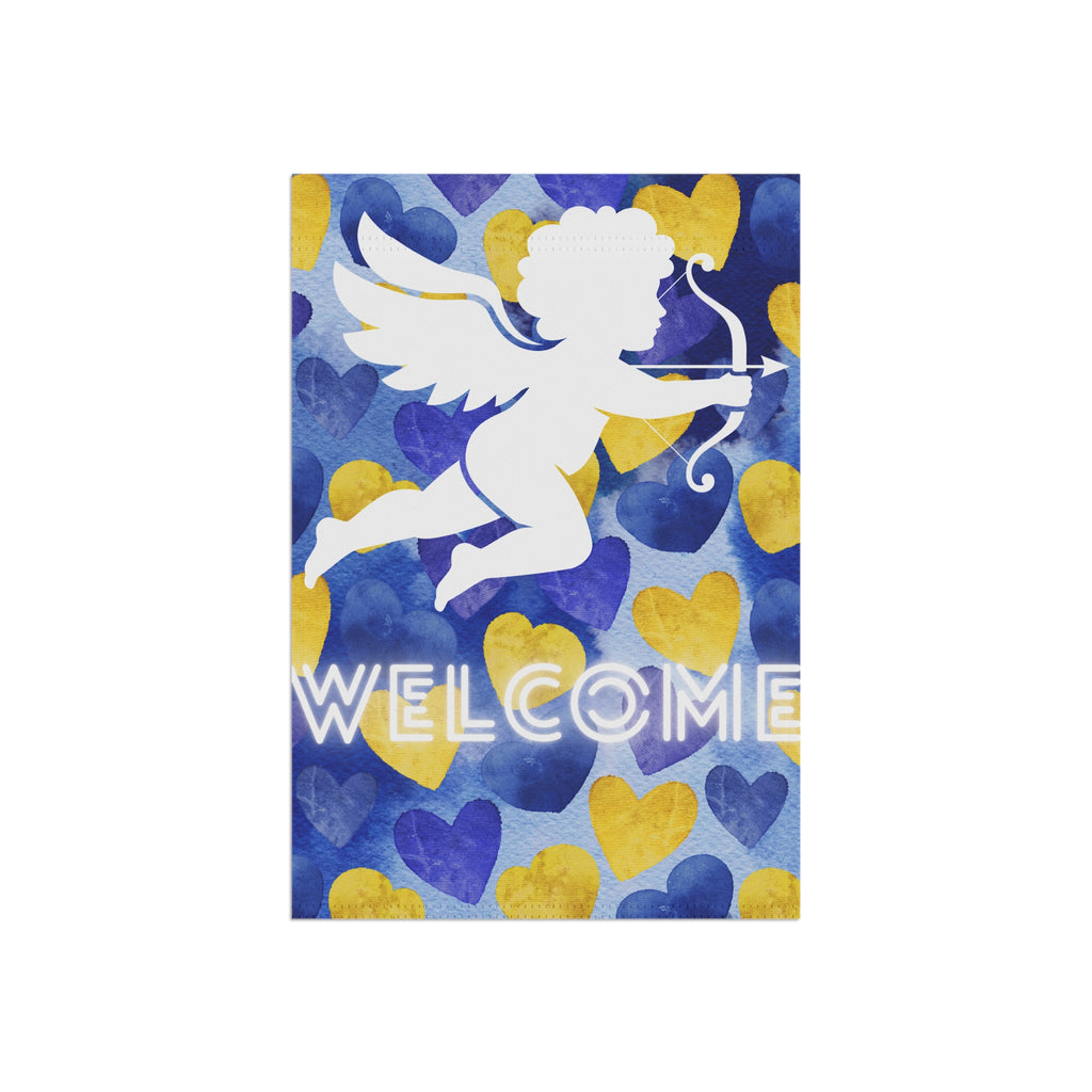 Cupid Valentine's Day Garden Flag Valentine's Day Welcome Flag Blue and Yellow Hearts