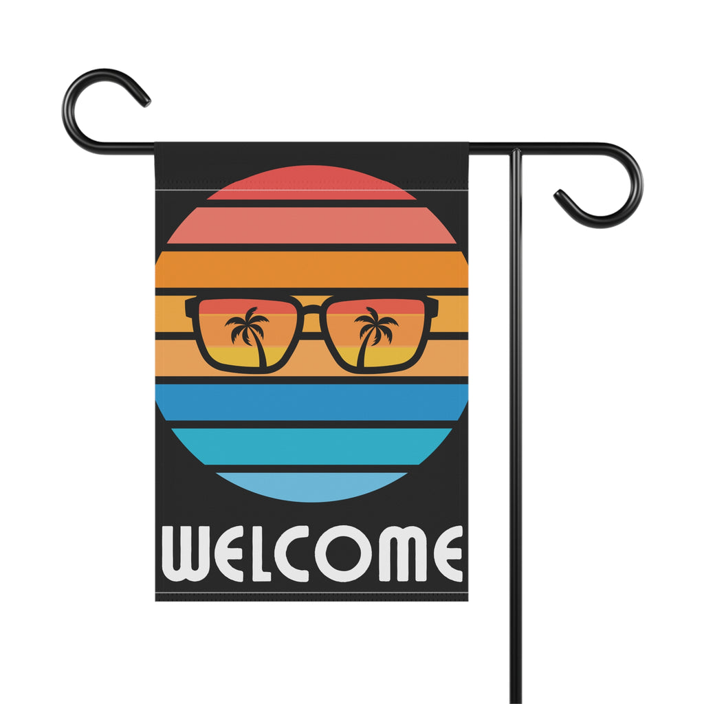 Retro Welcome Garden Banner with Glasses and Palm Trees 12x18 inches