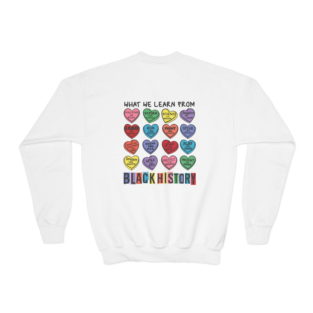 Black History What We Learn from Black History Candy Hearts Youth Crewneck Sweatshirt Polyester Loose Fit Black History Month