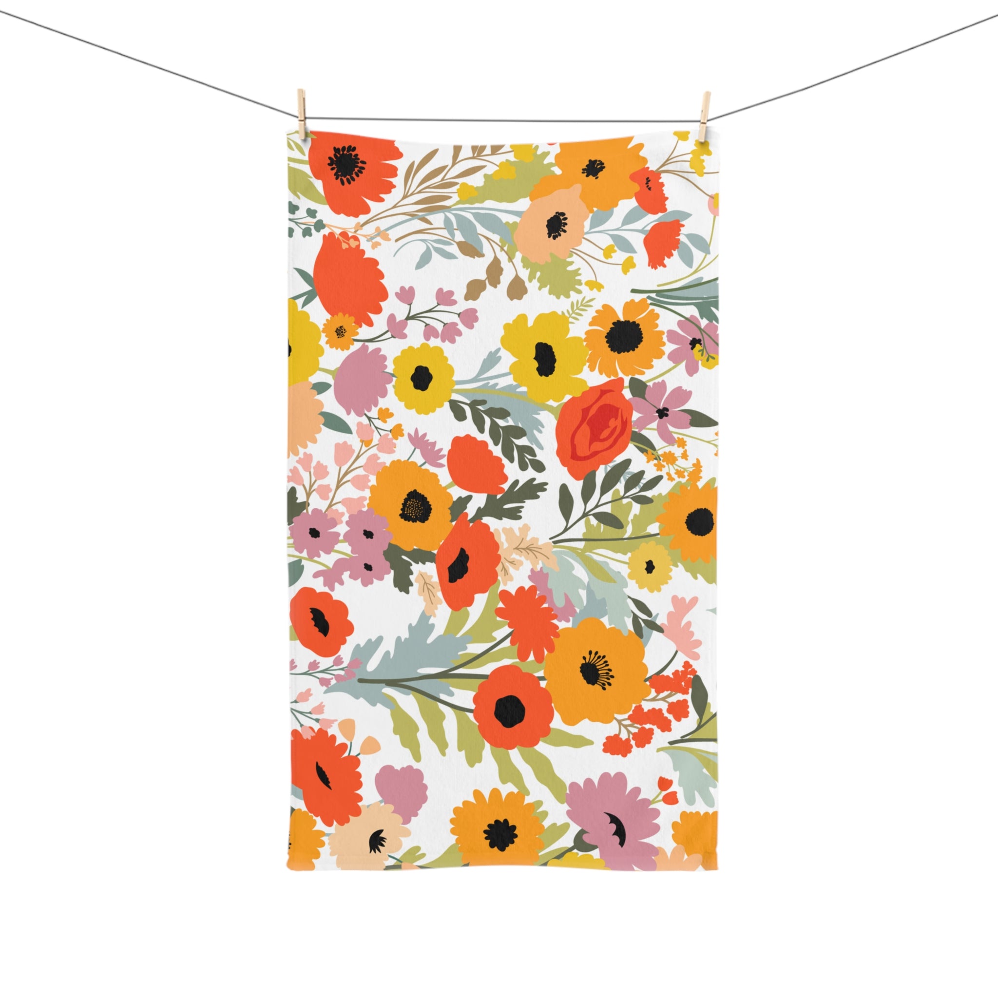 Floral Hand Towel - Nature Inspired Kitchen Decor, Garden Lovers Gift, Vibrant Orange Yellow Bathroom Towel, Bath or Kitchen Towel