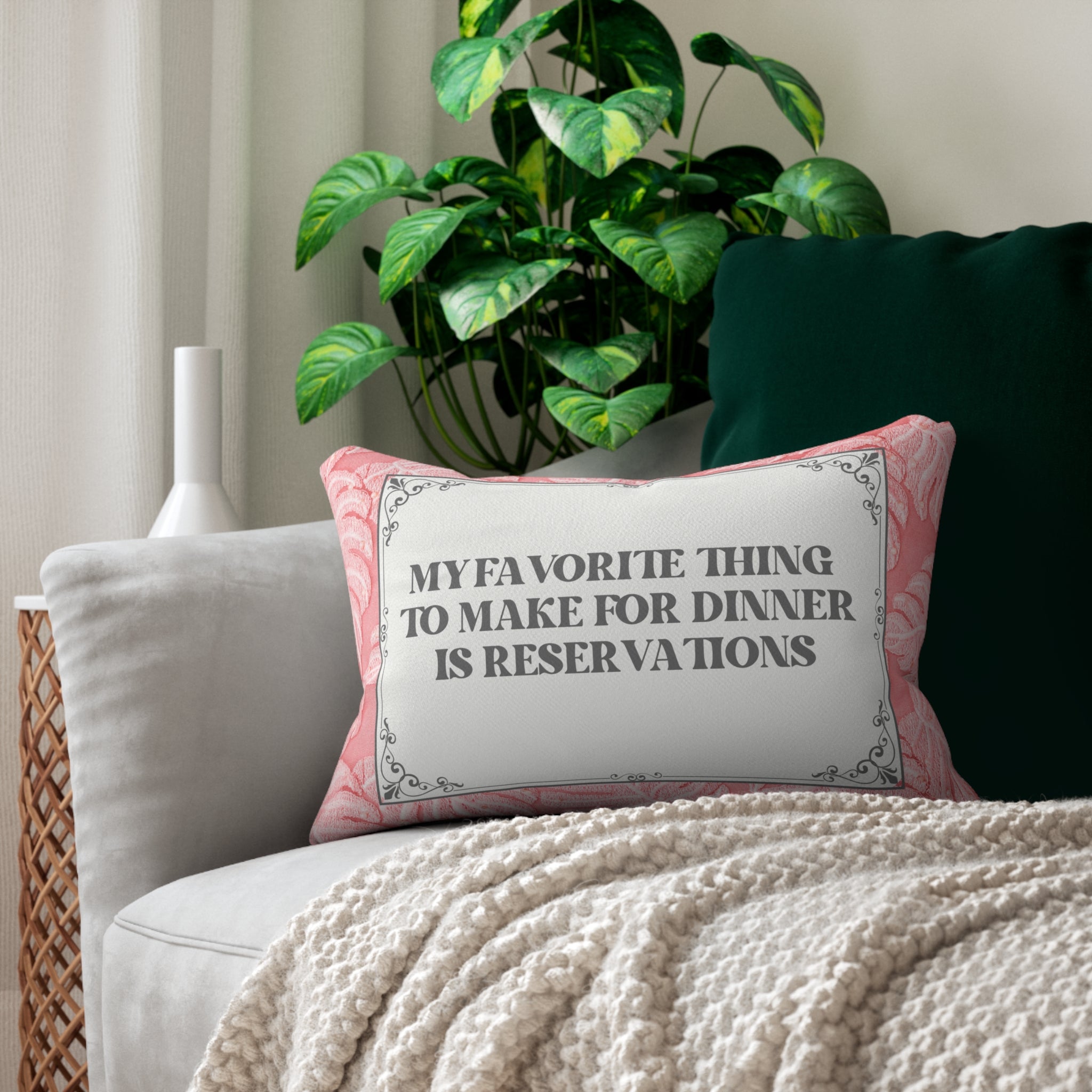 Pink Throw Pillow My Favorite Thing to Make for Dinner is Reservations, Lumbar Pillow, Home Decor Gifts, Spun Polyester Pillow, Mother's Day