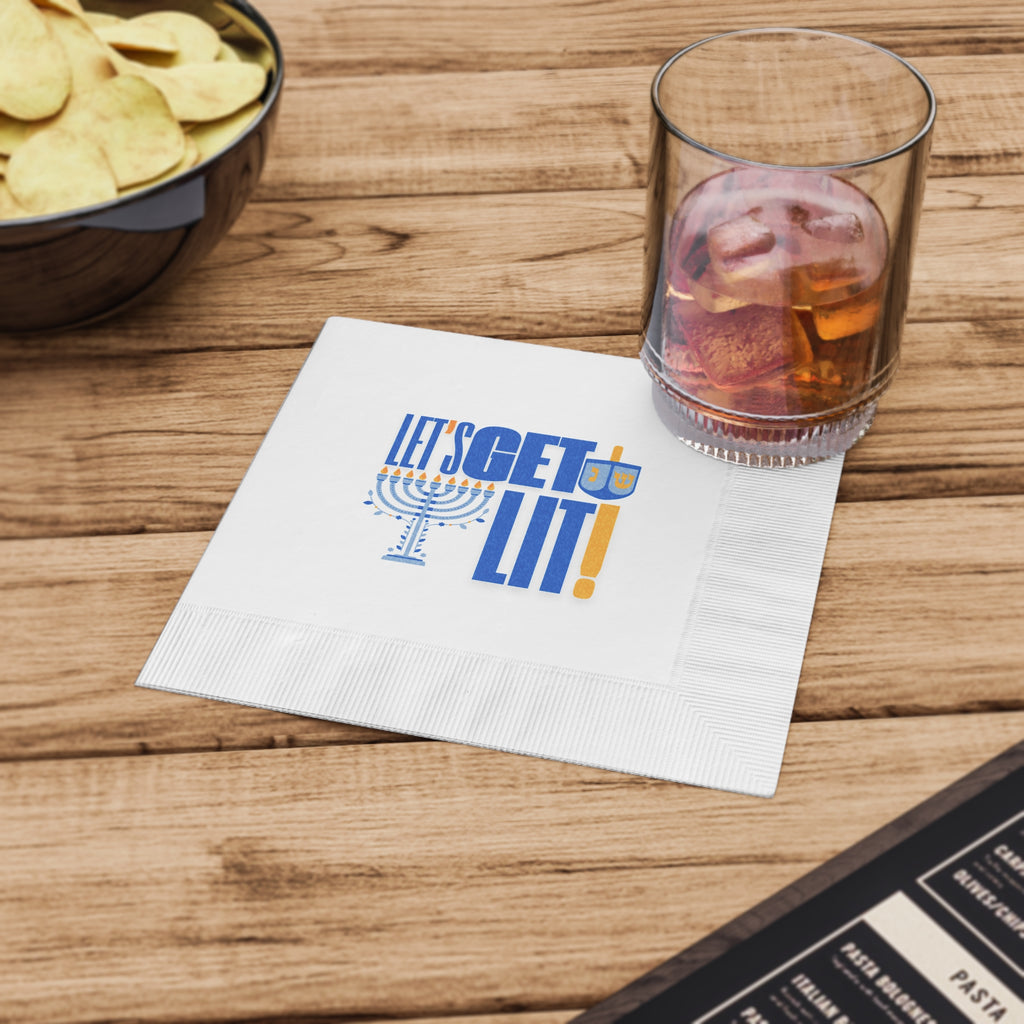 Hanukkah Napkins, Let's Get Lit White Coined Hanukkah Napkins