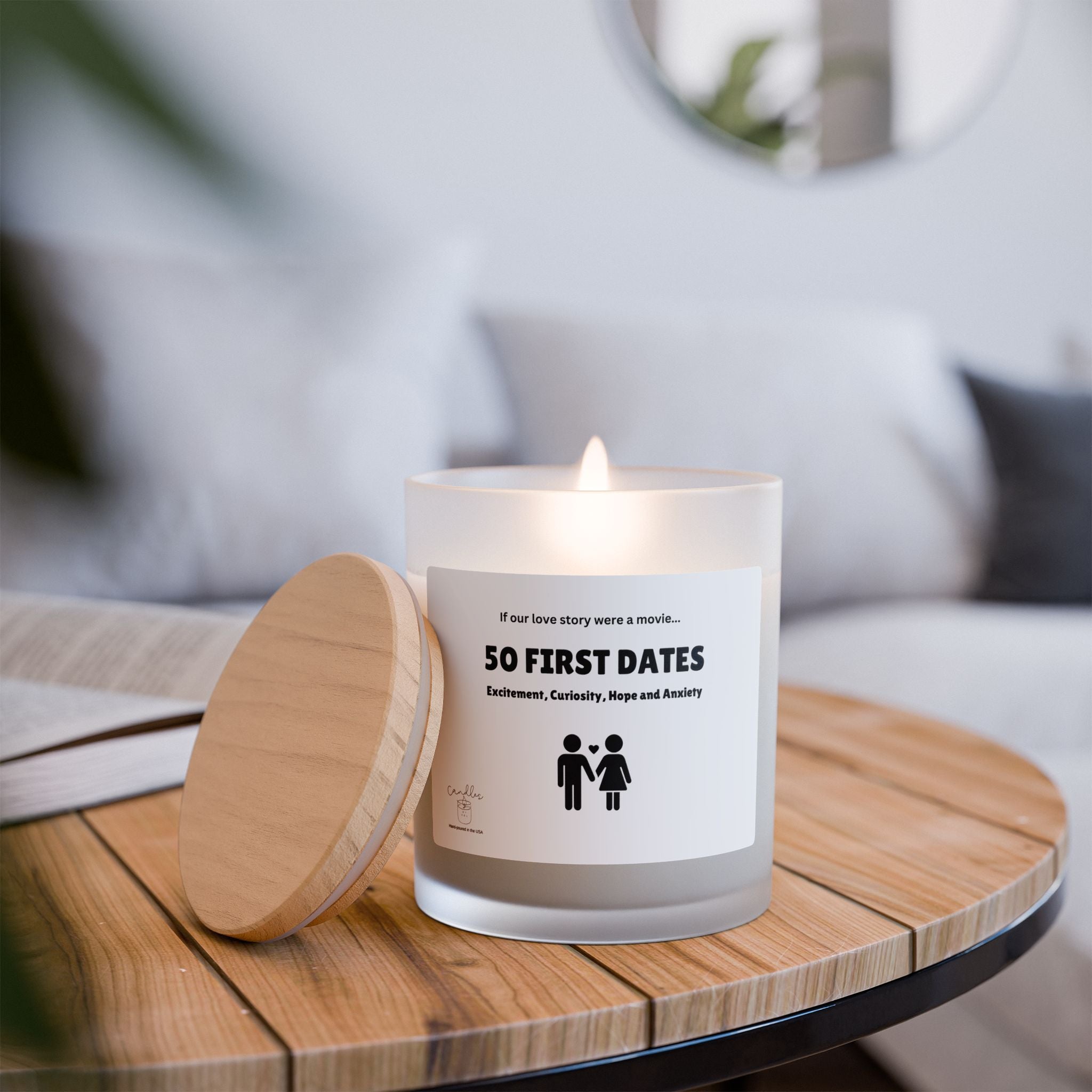 50 First Dates Frosted Glass Wooden Wick Candle, 11oz Couples Gift