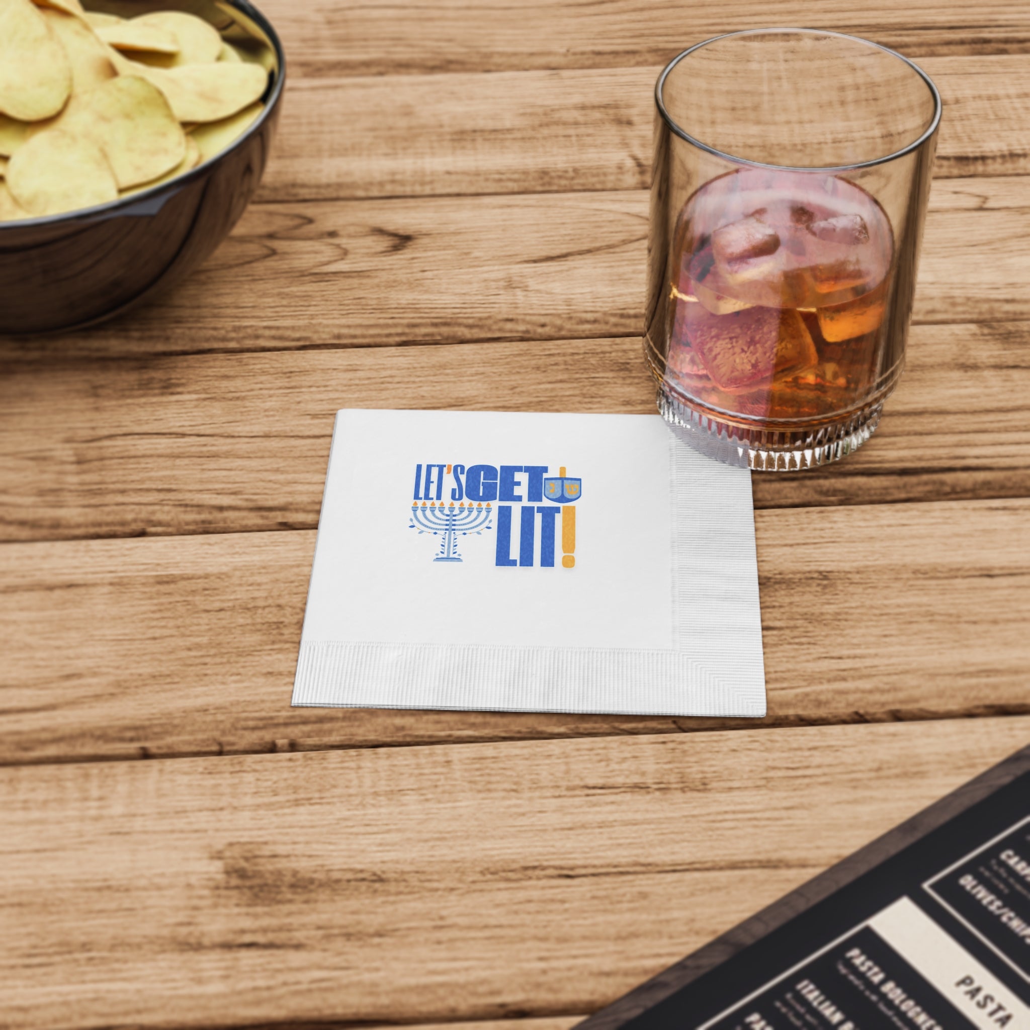 Hanukkah Napkins, Let's Get Lit White Coined Hanukkah Napkins