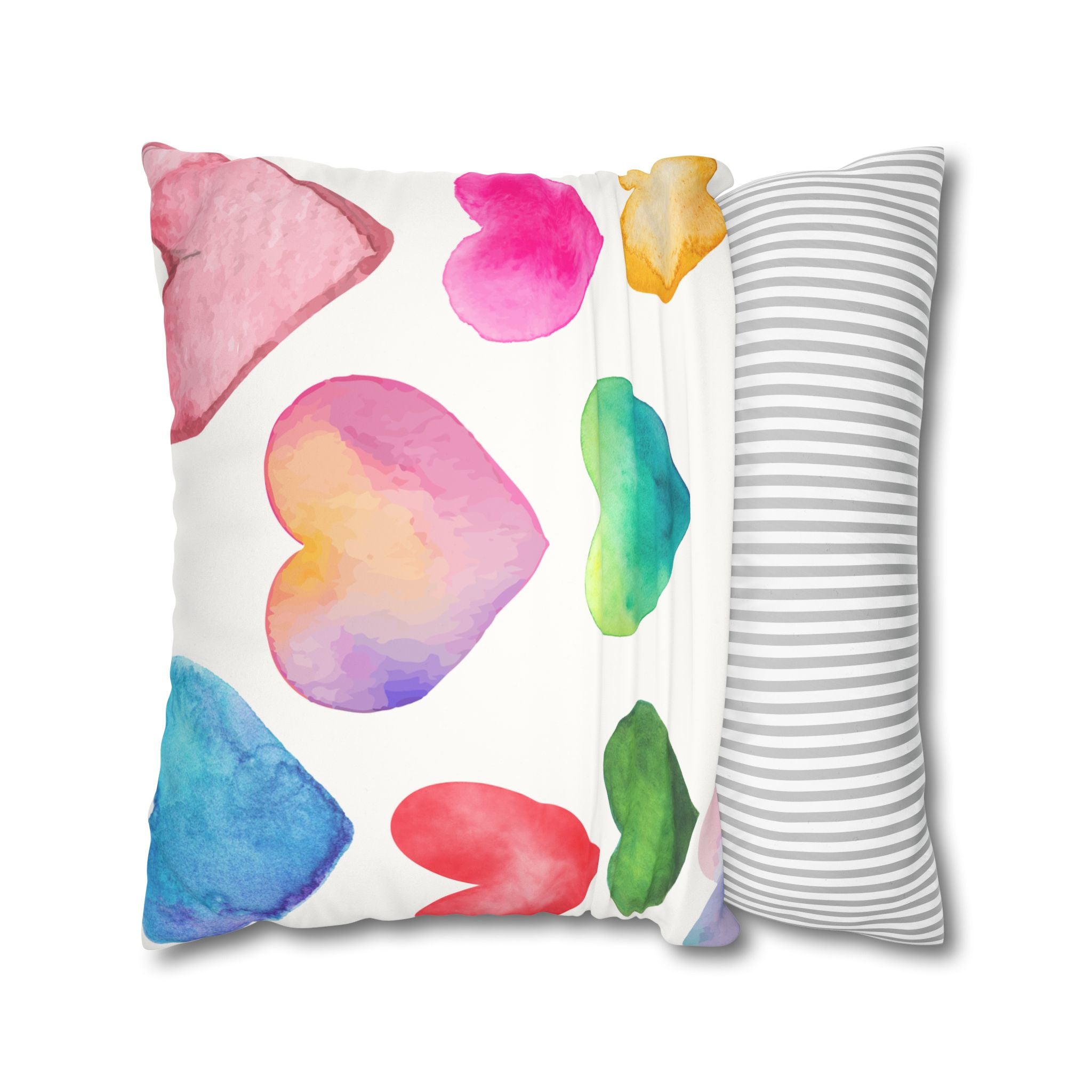 Valentines Decor Faux Suede Pillowcase, Colorful Hearts, Pastel Hearts, Square Pillow, Home Decor, Gift for Her, Valentines Day Decor