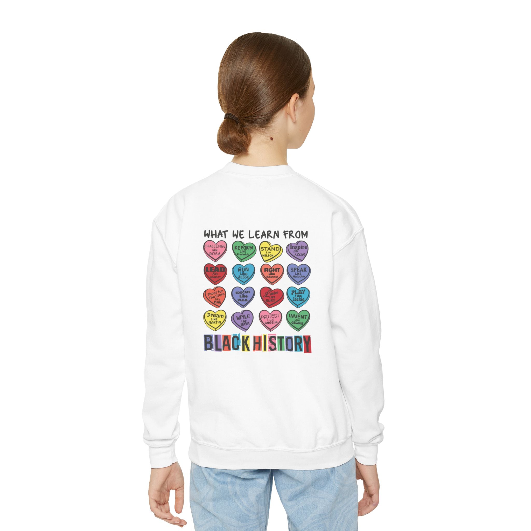 Black History What We Learn from Black History Candy Hearts Youth Crewneck Sweatshirt Polyester Loose Fit Black History Month