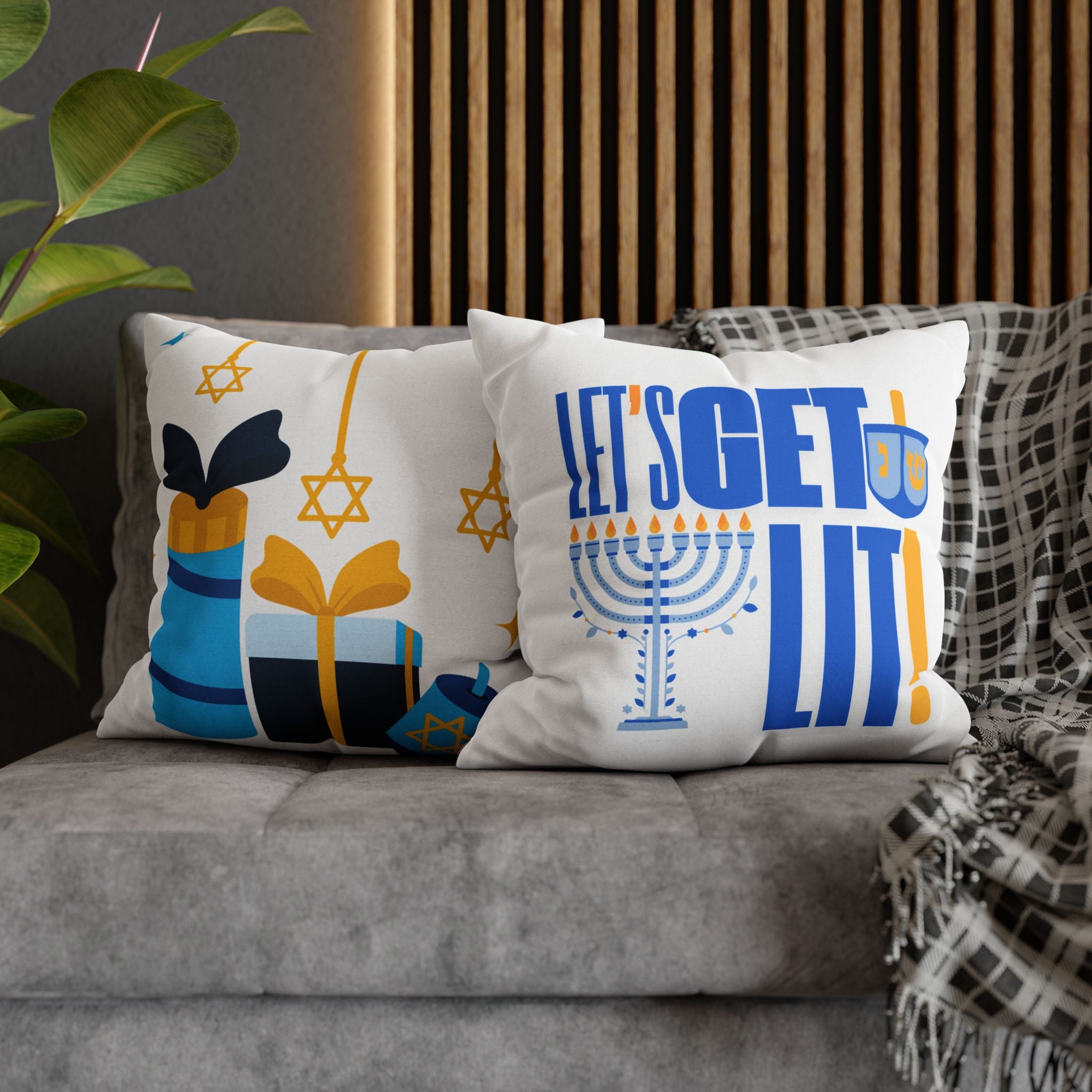 Hanukkah Decor Pillowcase, Let's Get Lit Chanukah Pillow Cover, Double Sided Hanukkah Decor