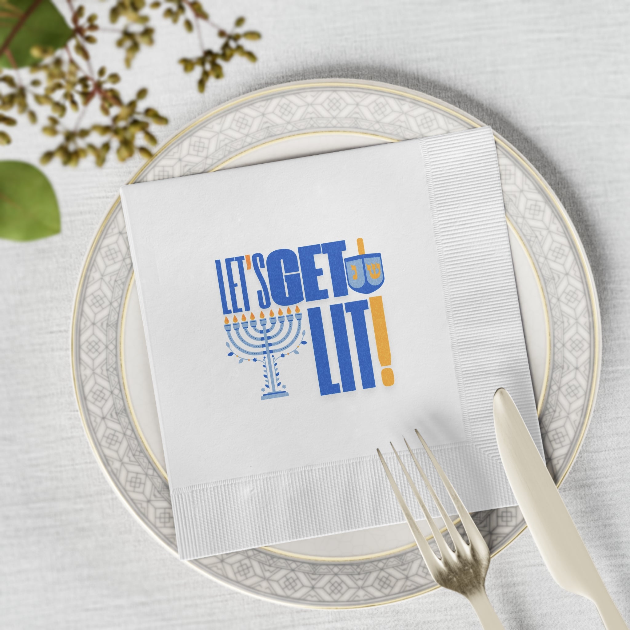 Hanukkah Napkins, Let's Get Lit White Coined Hanukkah Napkins