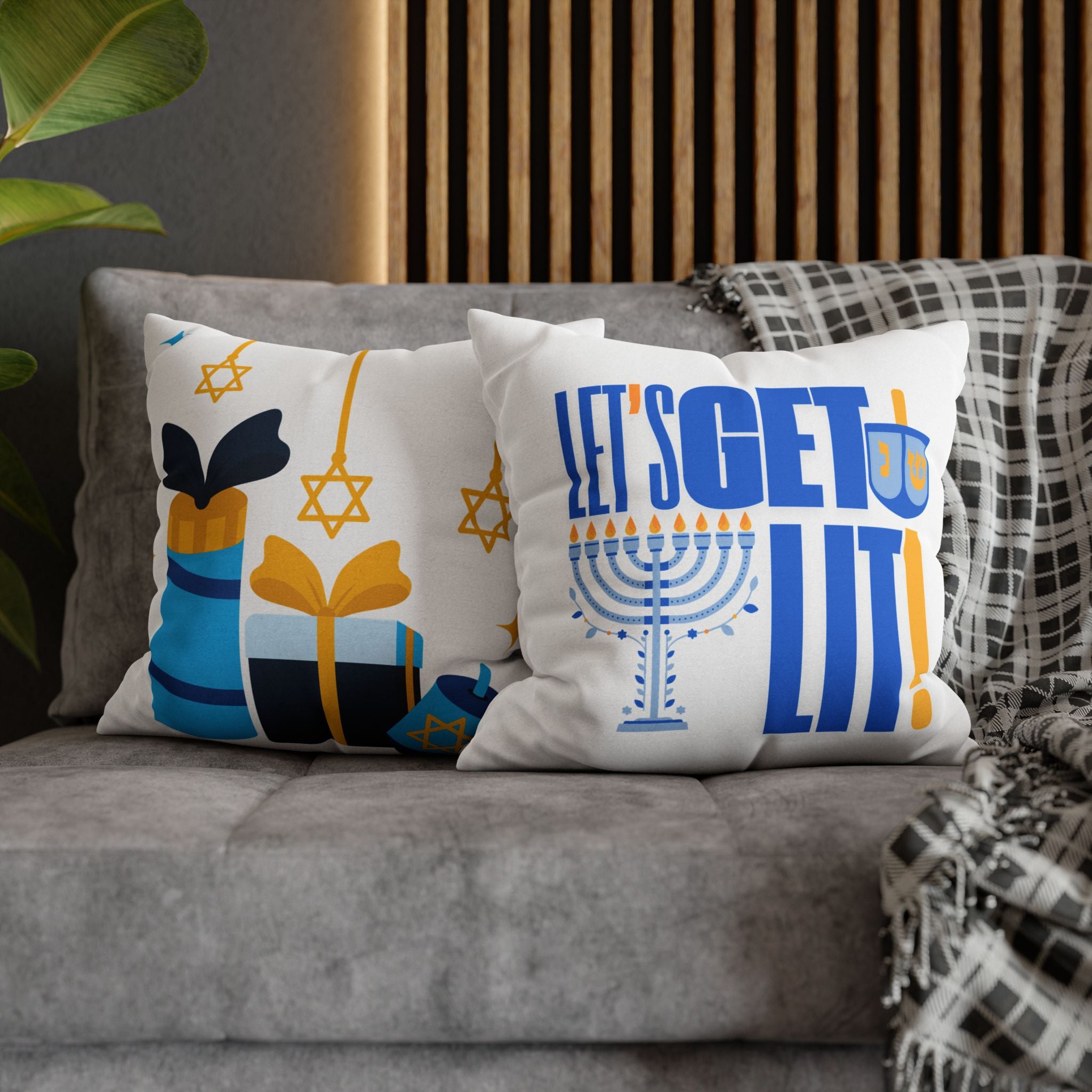Hanukkah Decor Pillowcase, Let's Get Lit Chanukah Pillow Cover, Double Sided Hanukkah Decor