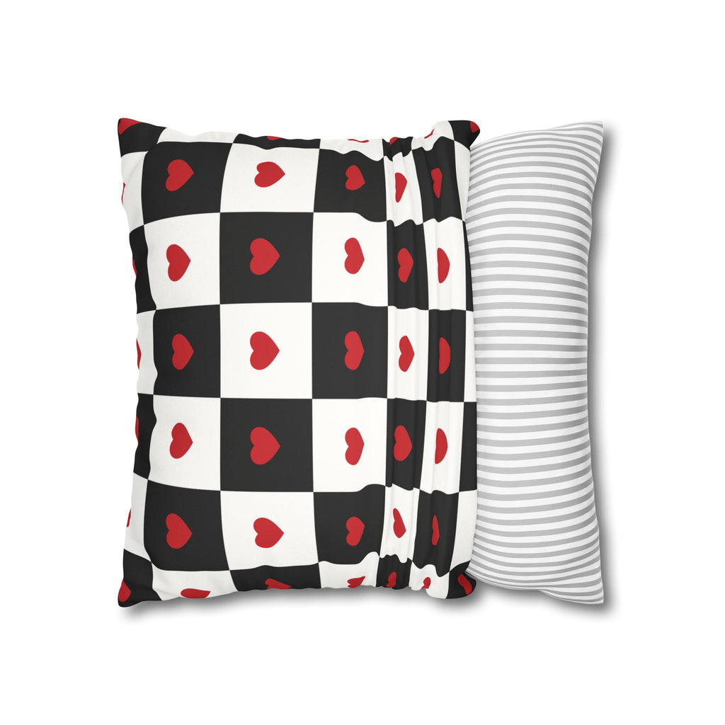 Valentines Pillowcase, Heart Pillow Cover, Checkered Decor, Faux Suede Cushion, Valentine's Day Gift, Square Throw Pillow, Love Home Decor