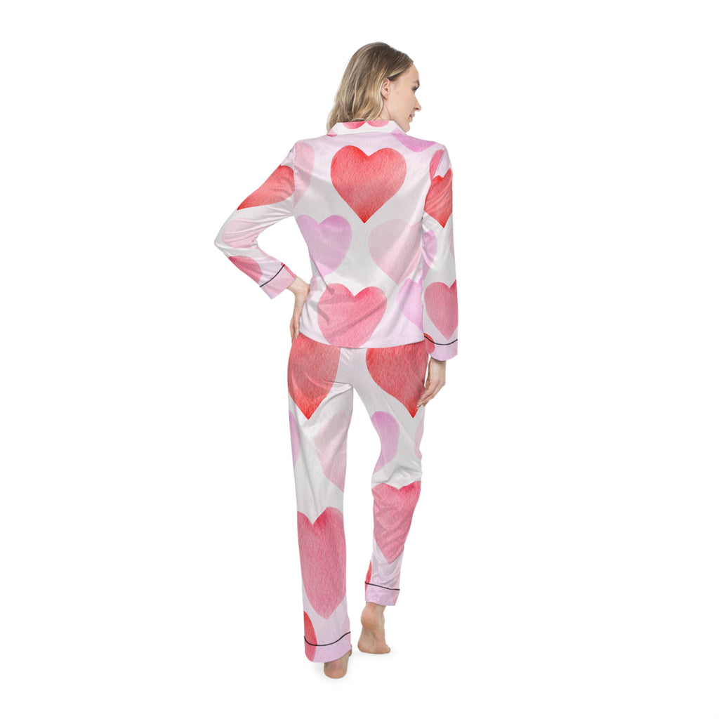 Women's Satin Heart Print Pajamas Valentine's Pajama Set Valentines Satin Pajama Set Ladies