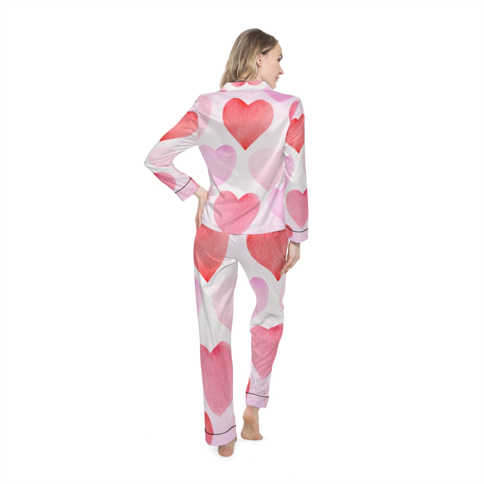 Women's Satin Heart Print Pajamas Valentine's Pajama Set Valentines Satin Pajama Set Ladies