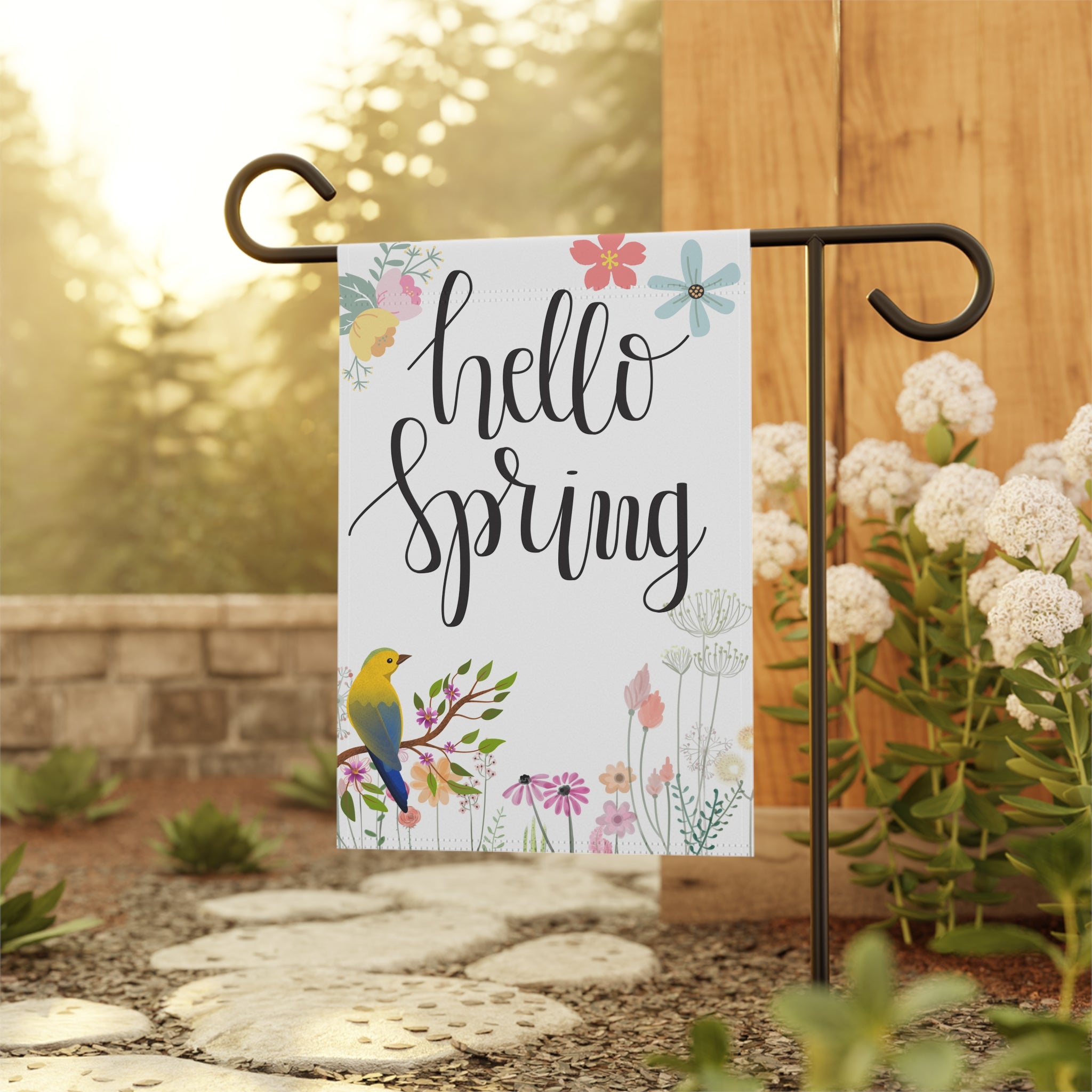 Spring Flag with Birds and Flowers Hello Spring Decor, Floral Welcome Outdoor Home Decoration, Garden Flag or House flag sizes