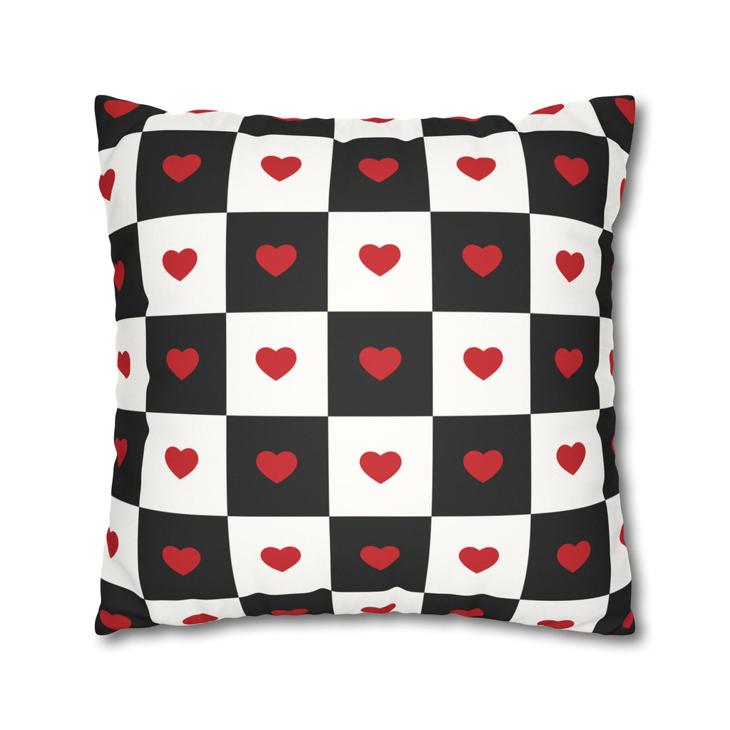 Valentines Pillowcase, Heart Pillow Cover, Checkered Decor, Faux Suede Cushion, Valentine's Day Gift, Square Throw Pillow, Love Home Decor