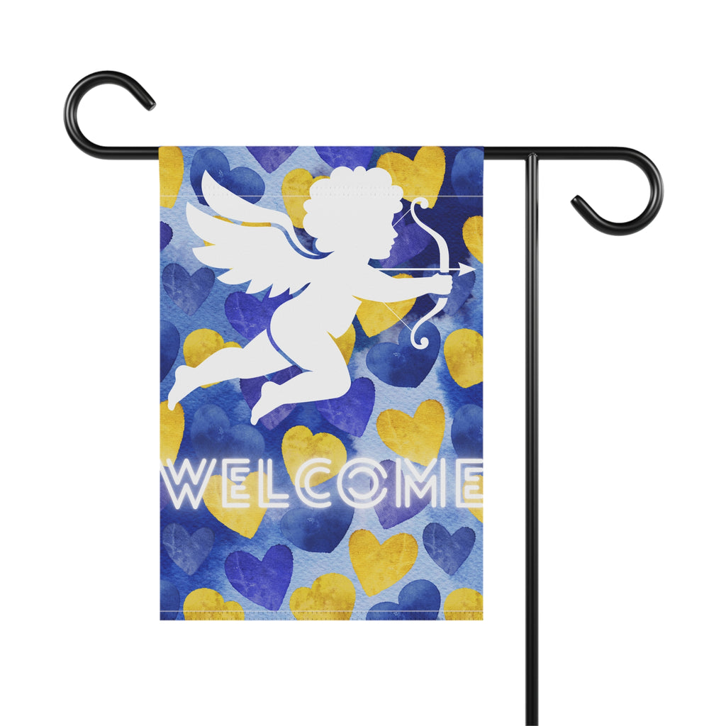 Cupid Valentine's Day Garden Flag Valentine's Day Welcome Flag Blue and Yellow Hearts