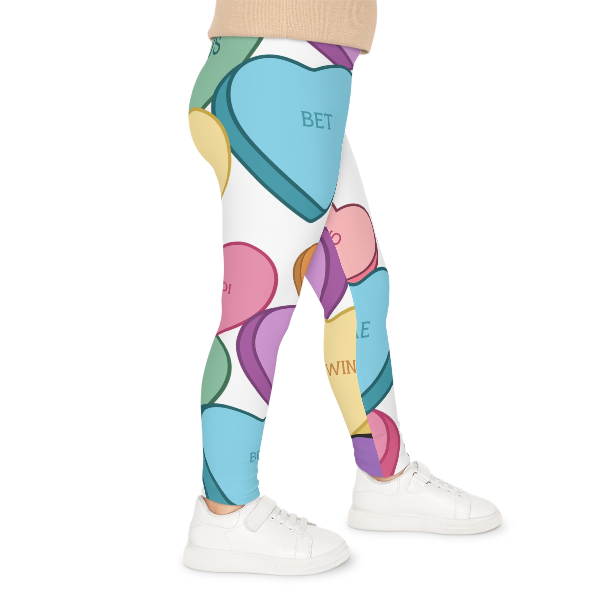 Little Kids Candy Hearts Slang Valentines Leggings, Children's Leggings, Girls Clothing, Comfortable Stretch Pants, Holiday Apparel, Heart