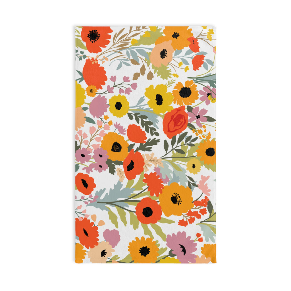 Floral Hand Towel - Nature Inspired Kitchen Decor, Garden Lovers Gift, Vibrant Orange Yellow Bathroom Towel, Bath or Kitchen Towel