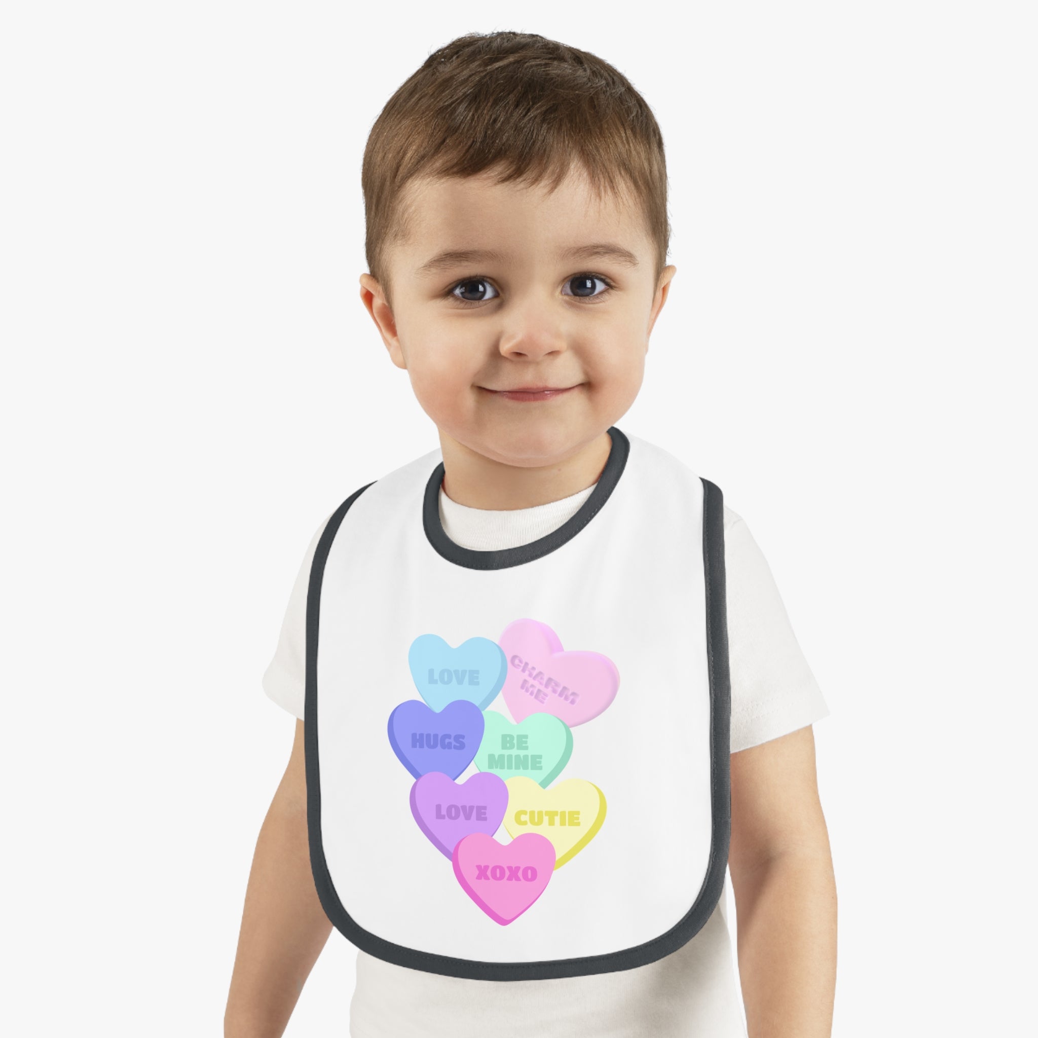 Candy Hearts Valentines Bib Baby Bib for Valentine's Day Baby Contrast Trim Jersey Bib