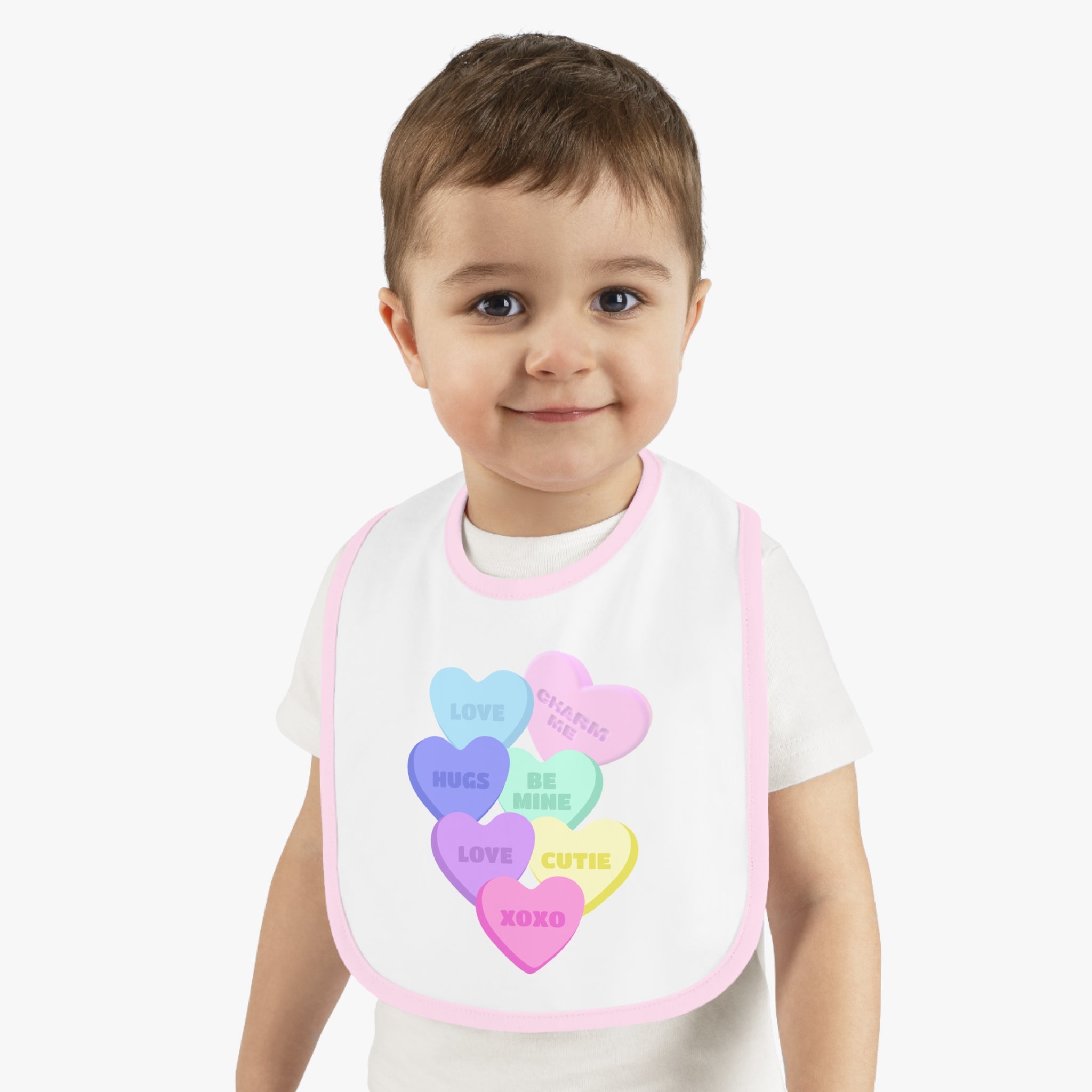 Candy Hearts Valentines Bib Baby Bib for Valentine's Day Baby Contrast Trim Jersey Bib