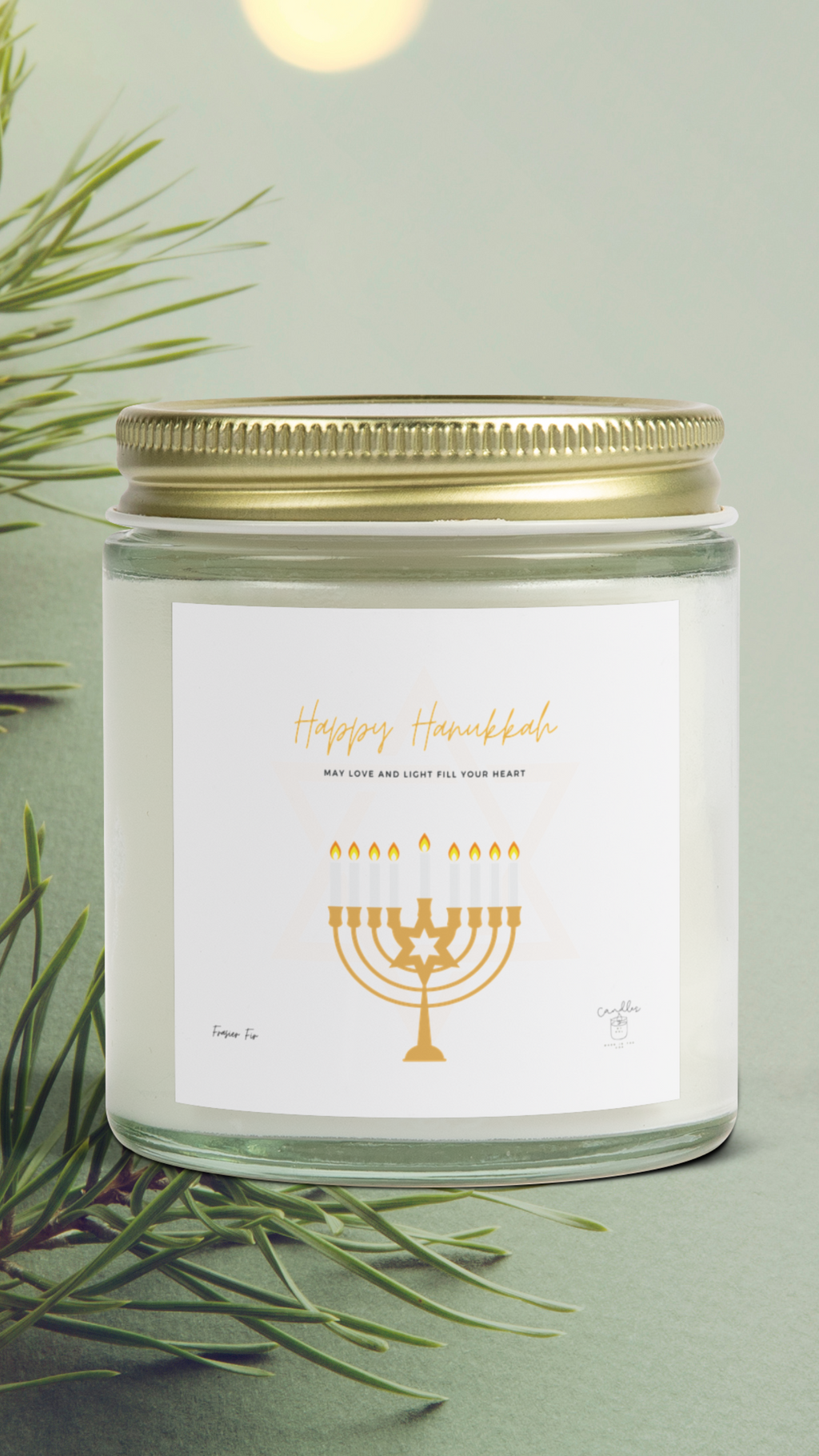 Frasier Fir Hanukkah Candle, Frasier Fir Scented Hanukkah Candle made of Coconut Apricot Wax (4oz, 9oz)