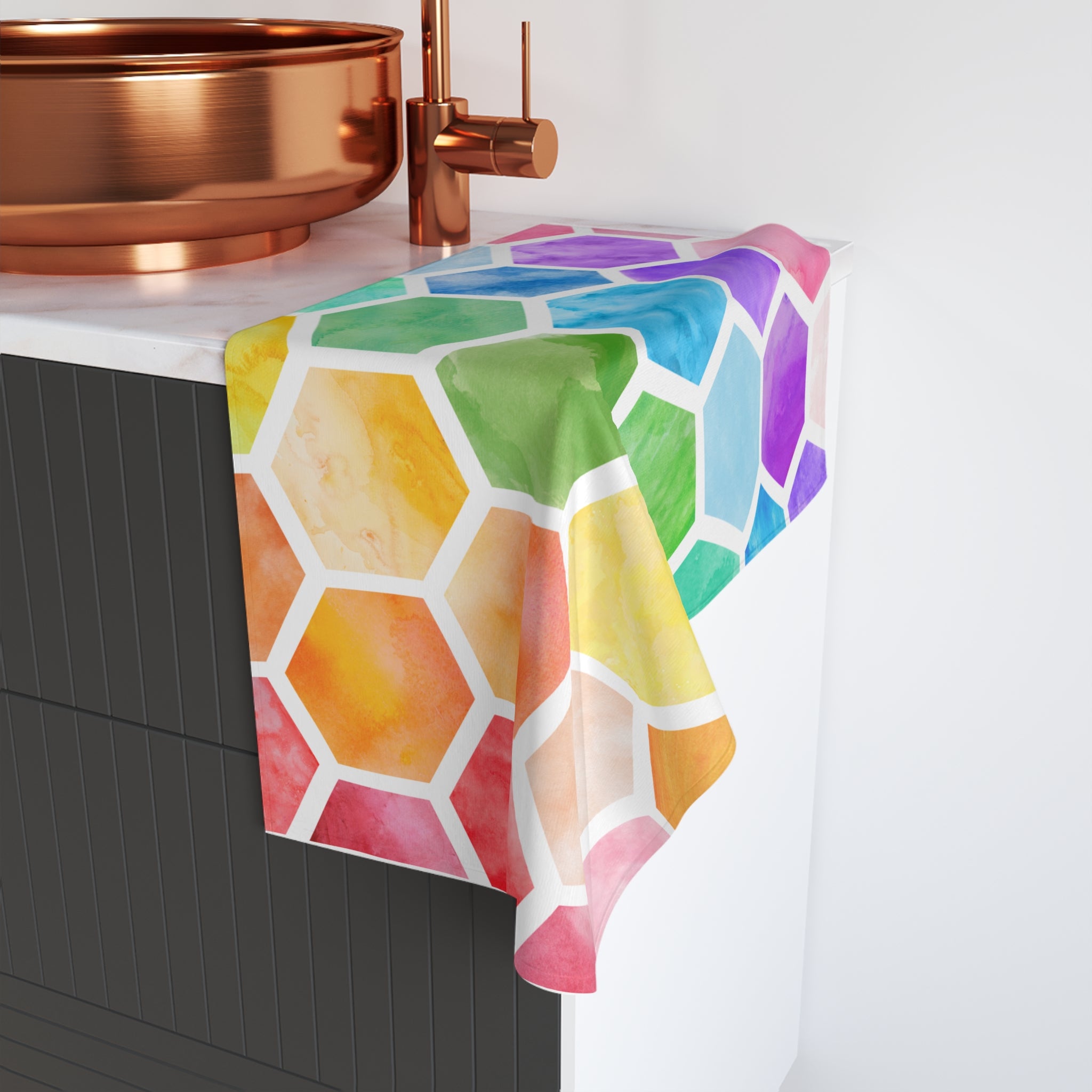 Colorful Hexagon Pattern Hand Towel - Vibrant Kitchen or Bath Decor, Gift for Housewarming, Beach, Bathroom Guest Towel