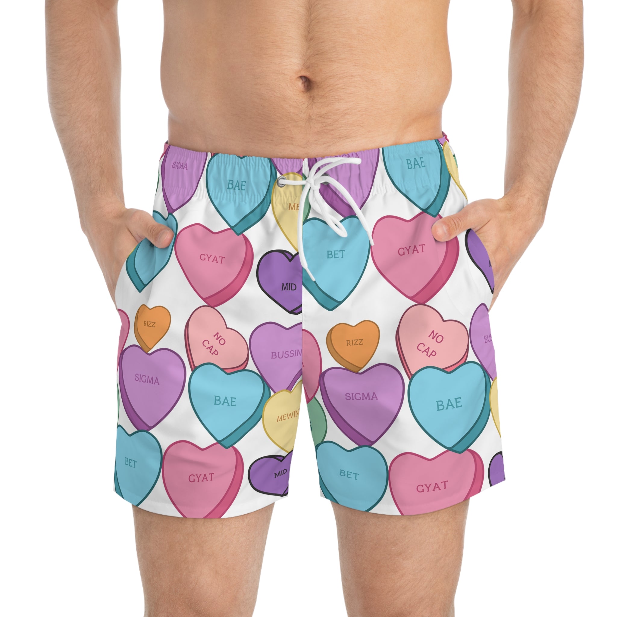 Candy Hearts Swim Trunks Valentines Vacation Wear