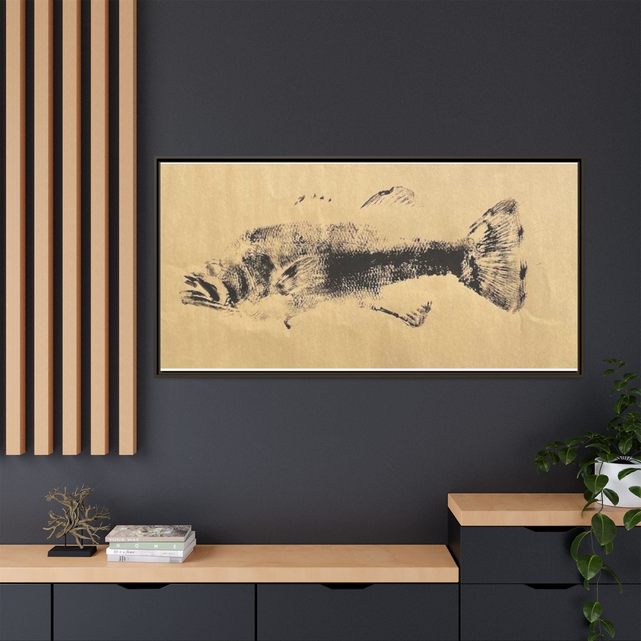 Gyotaku Fish Matte Canvas, Framed Gyotaku print by rubbing the body of an inked fish