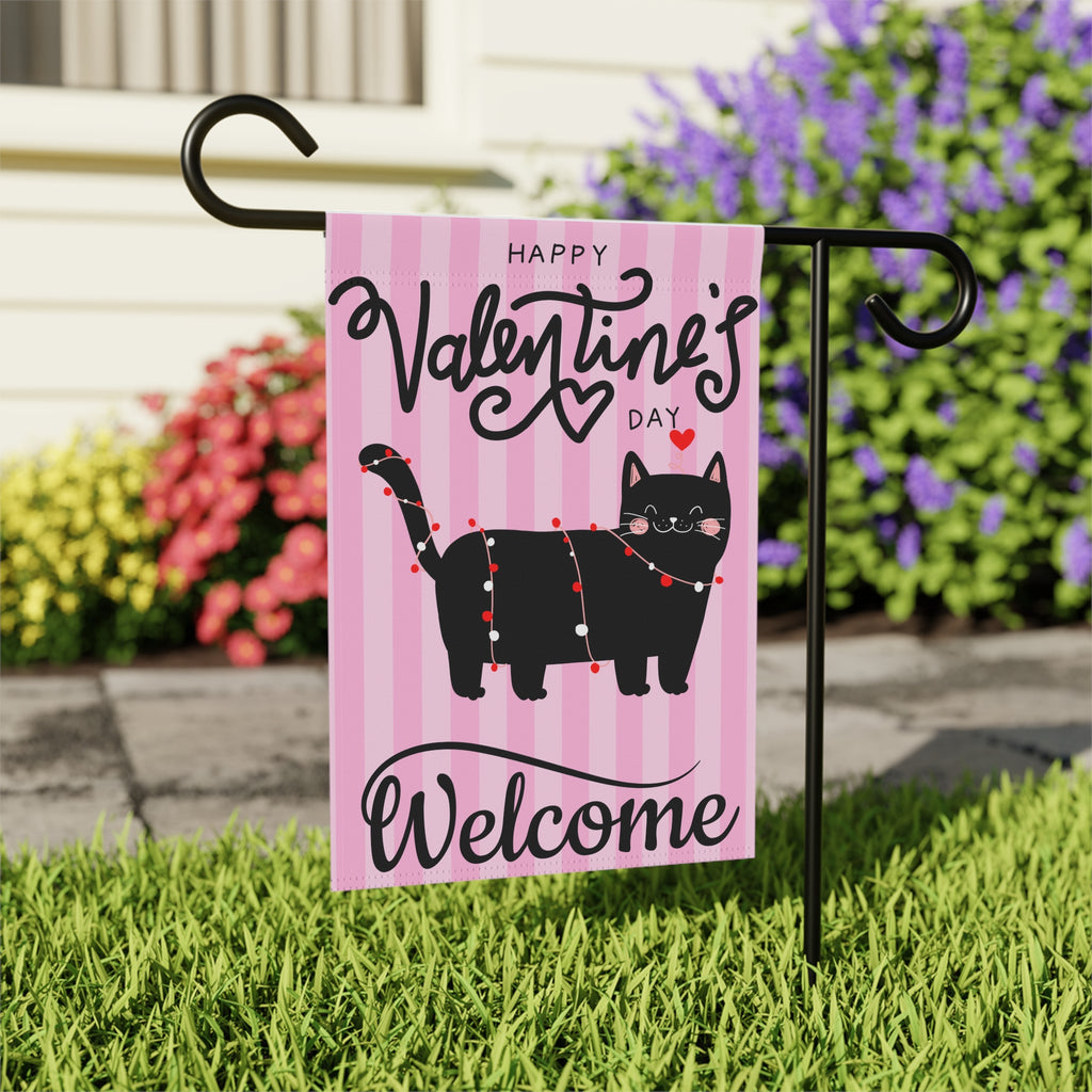 Valentine's Cat Garden Flag Welcome Flag with Cat for Valentine's Day Valentines Welcome Flag Valentines Flag