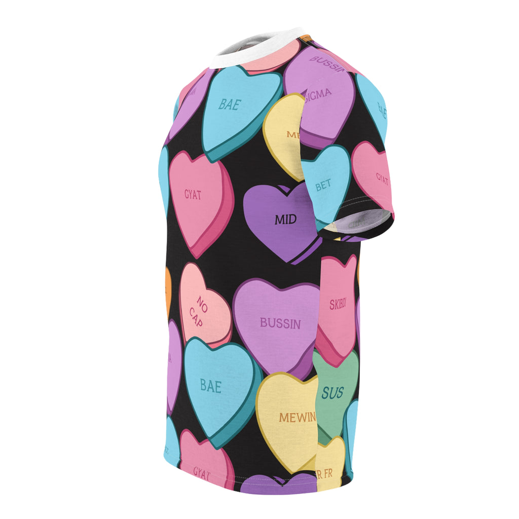 Valentines Candy Hearts Adult Valentines Day Shirt, Gift for Valentine, Love Holiday Tee, Black and Pastel Print