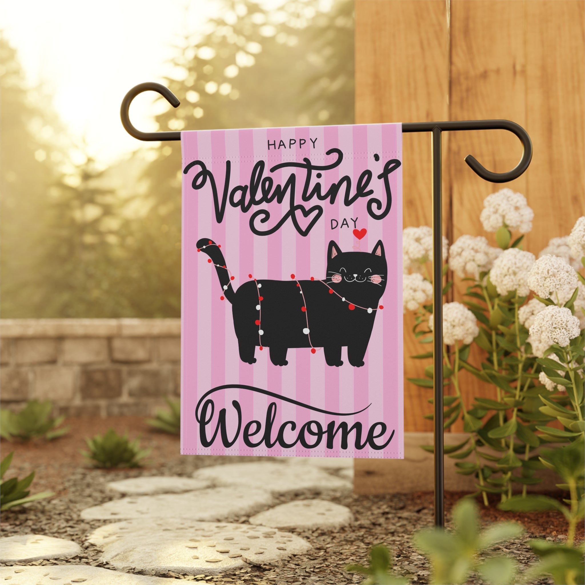 Valentine's Cat Garden Flag Welcome Flag with Cat for Valentine's Day Valentines Welcome Flag Valentines Flag