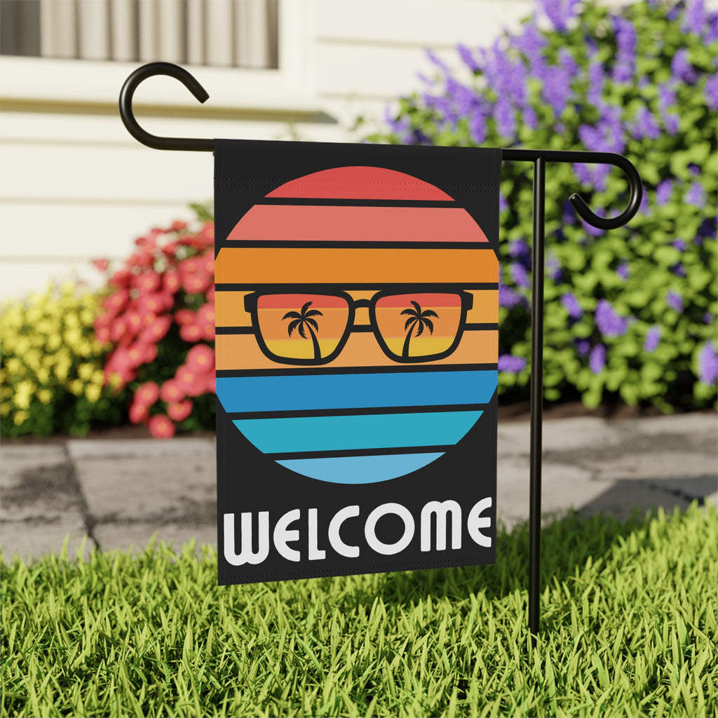 Retro Welcome Garden Banner with Glasses and Palm Trees 12x18 inches