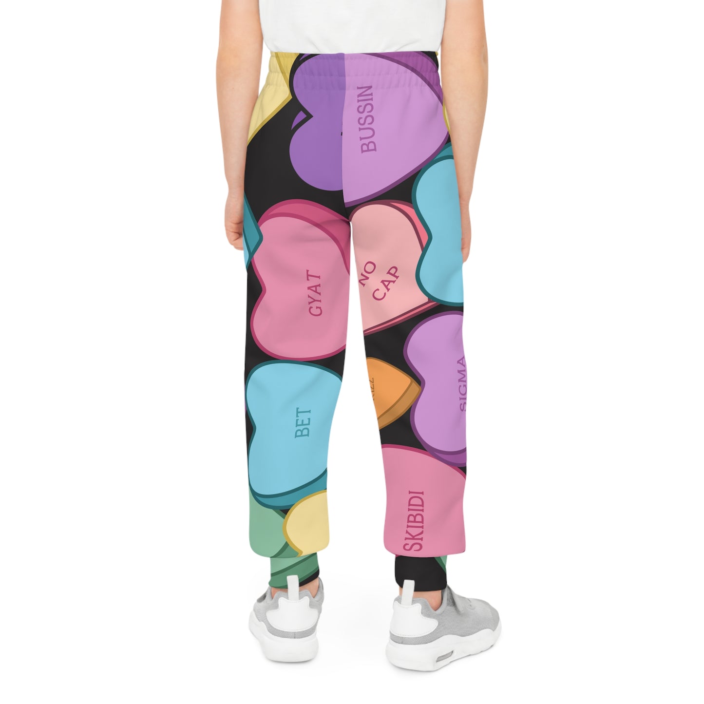 Kids Candy Hearts Valentines Day Joggers, Slang Skibidi Bussin No Cap, Youth Pants, Children Sweatpants, Valentine's Apparel, Heart