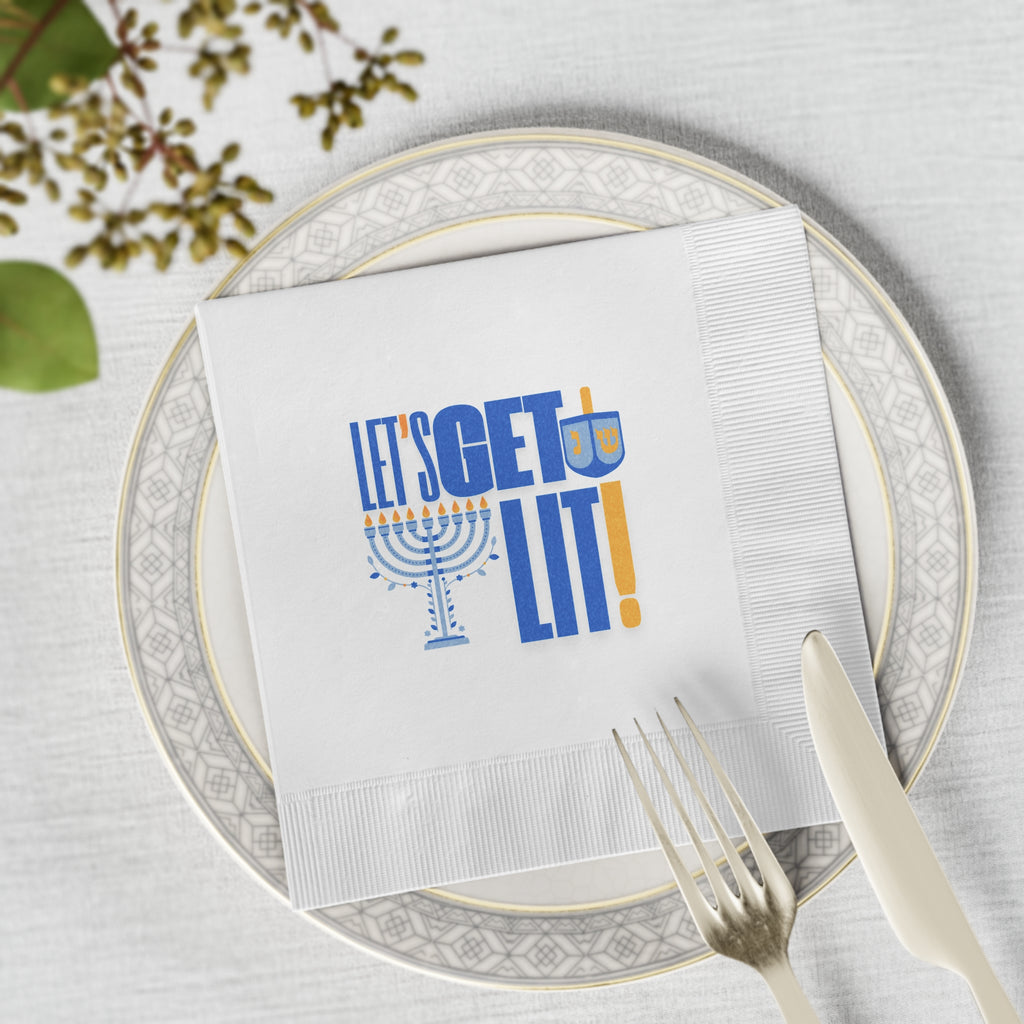 Hanukkah Napkins, Let's Get Lit White Coined Hanukkah Napkins