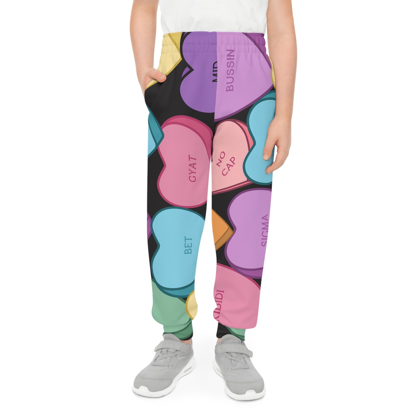 Kids Candy Hearts Valentines Day Joggers, Slang Skibidi Bussin No Cap, Youth Pants, Children Sweatpants, Valentine's Apparel, Heart