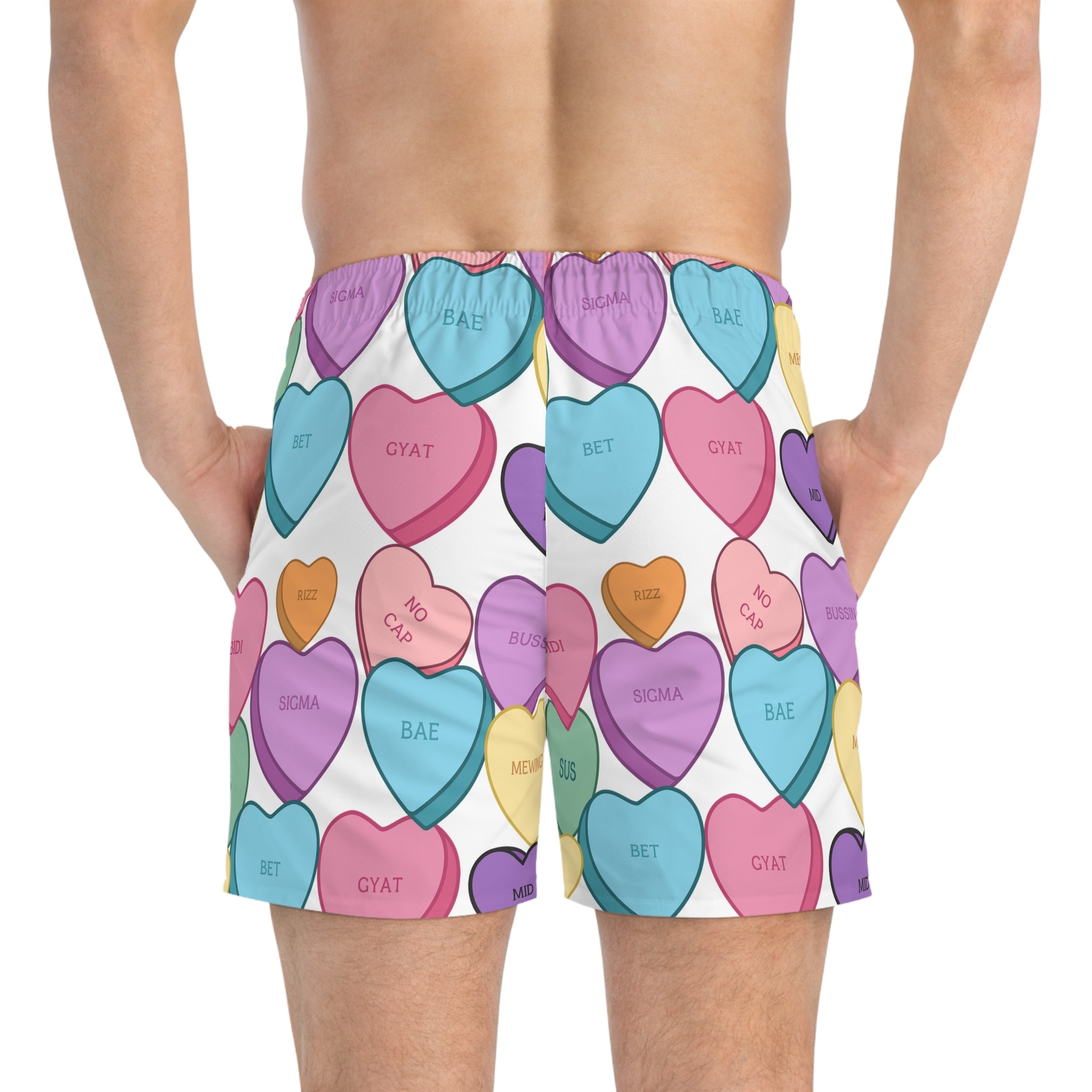 Candy Hearts Swim Trunks Valentines Vacation Wear