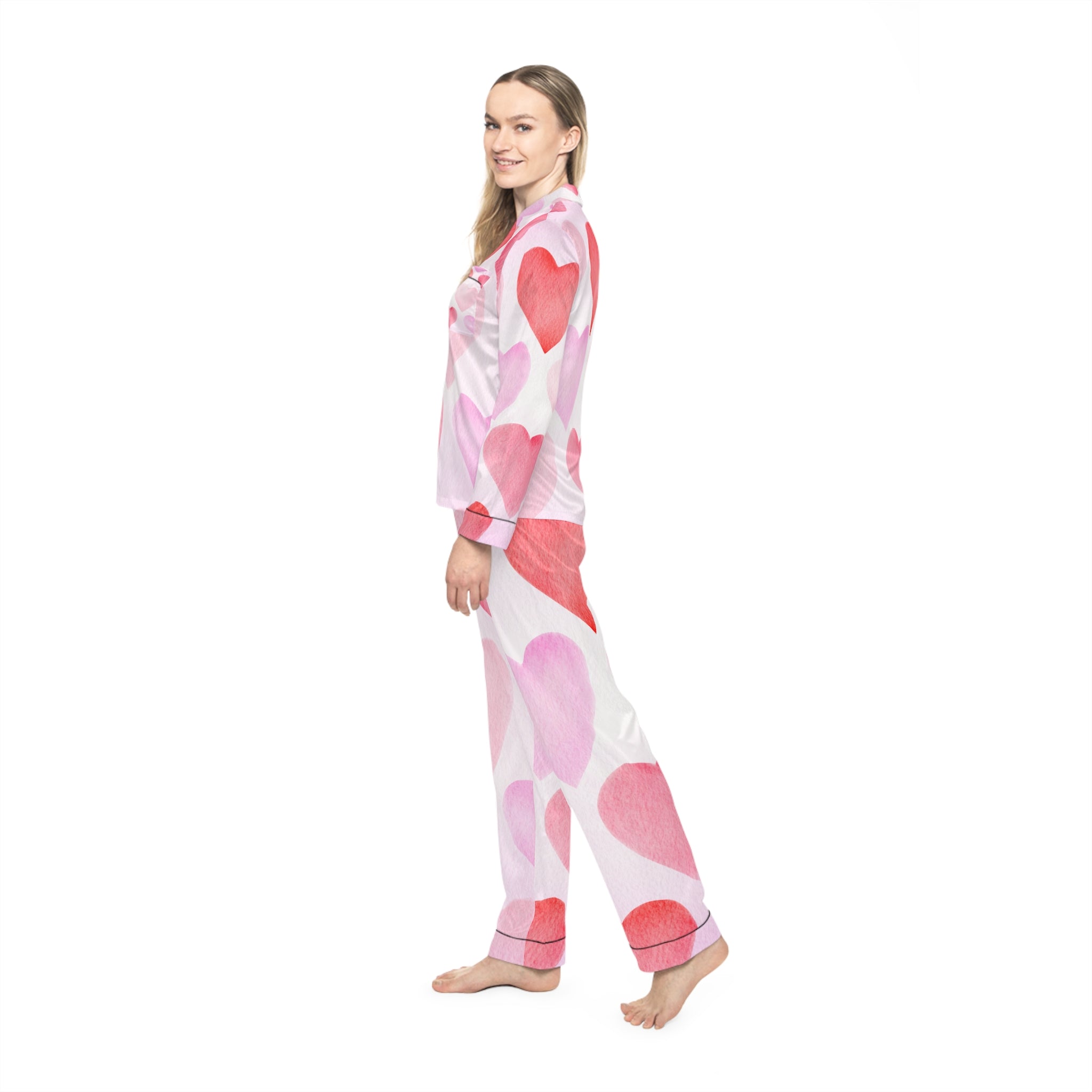 Women's Satin Heart Print Pajamas Valentine's Pajama Set Valentines Satin Pajama Set Ladies